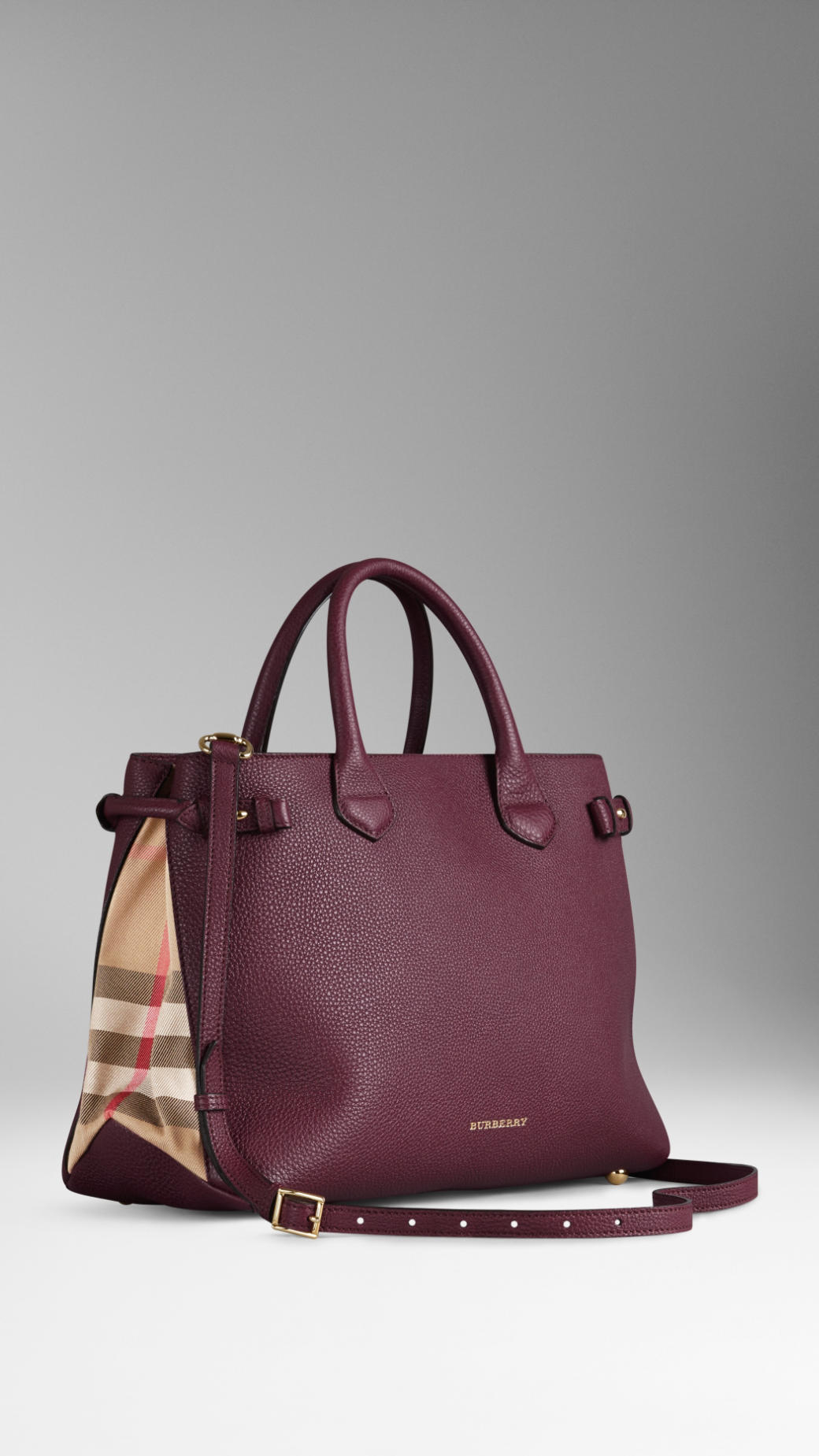 burberry the medium banner in leather and house check in purple elderberry lyst burberry the medium banner in leather and house check in purple elderberry lyst