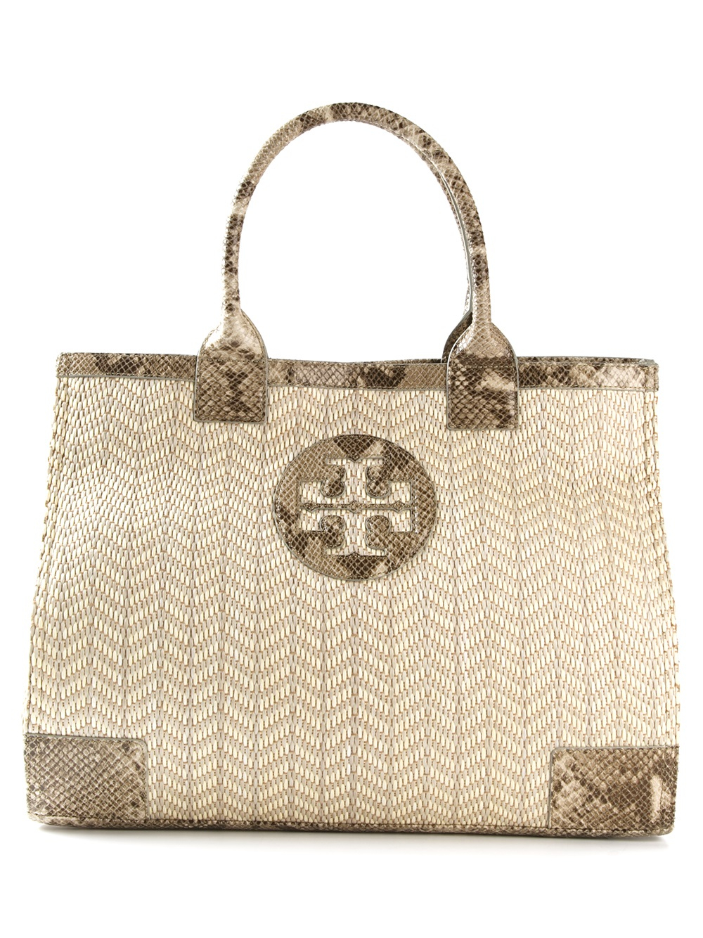 Lyst - Tory Burch Ella Snake-Effect Leather-Trimmed Raffia Tote in Natural