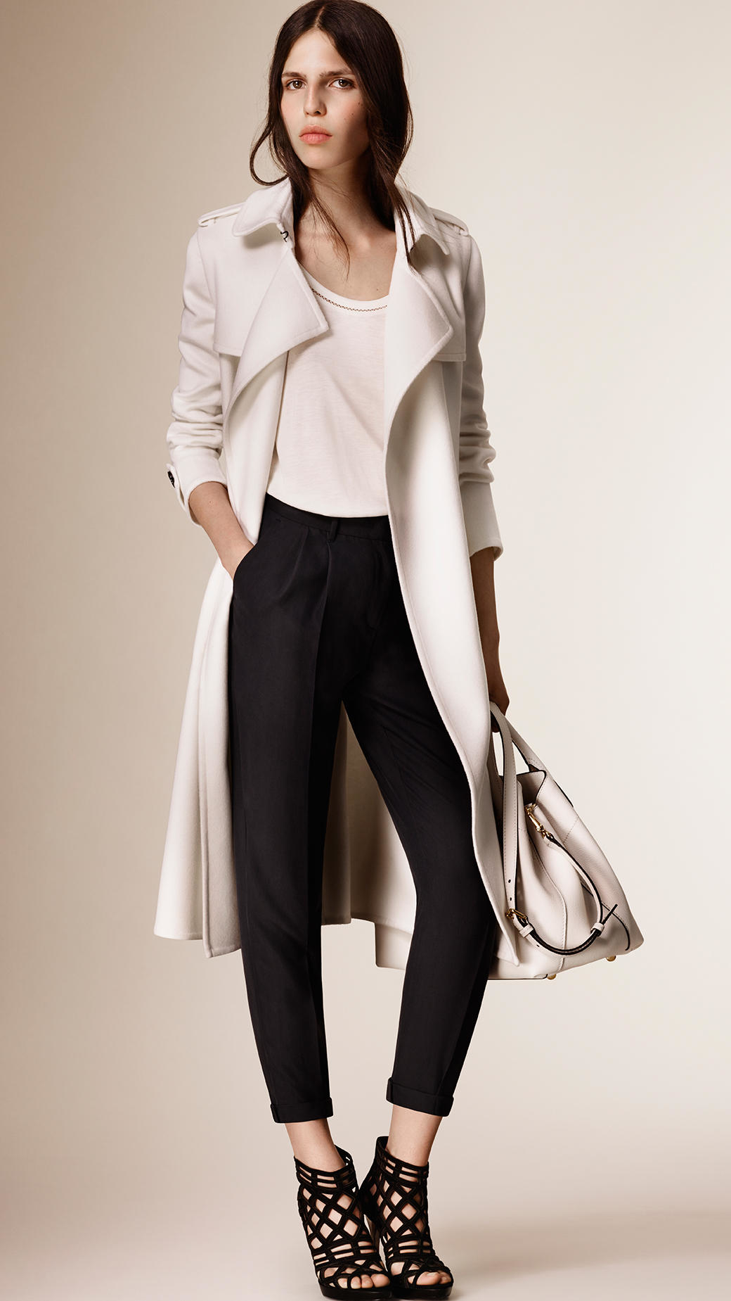 Burberry Double Cashmere Wrap Trench Coat in White | Lyst