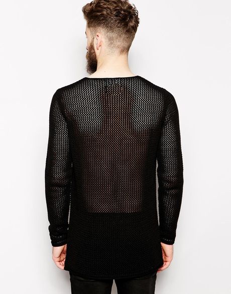 Asos Black Longline Mesh Sweater in Black for Men | Lyst