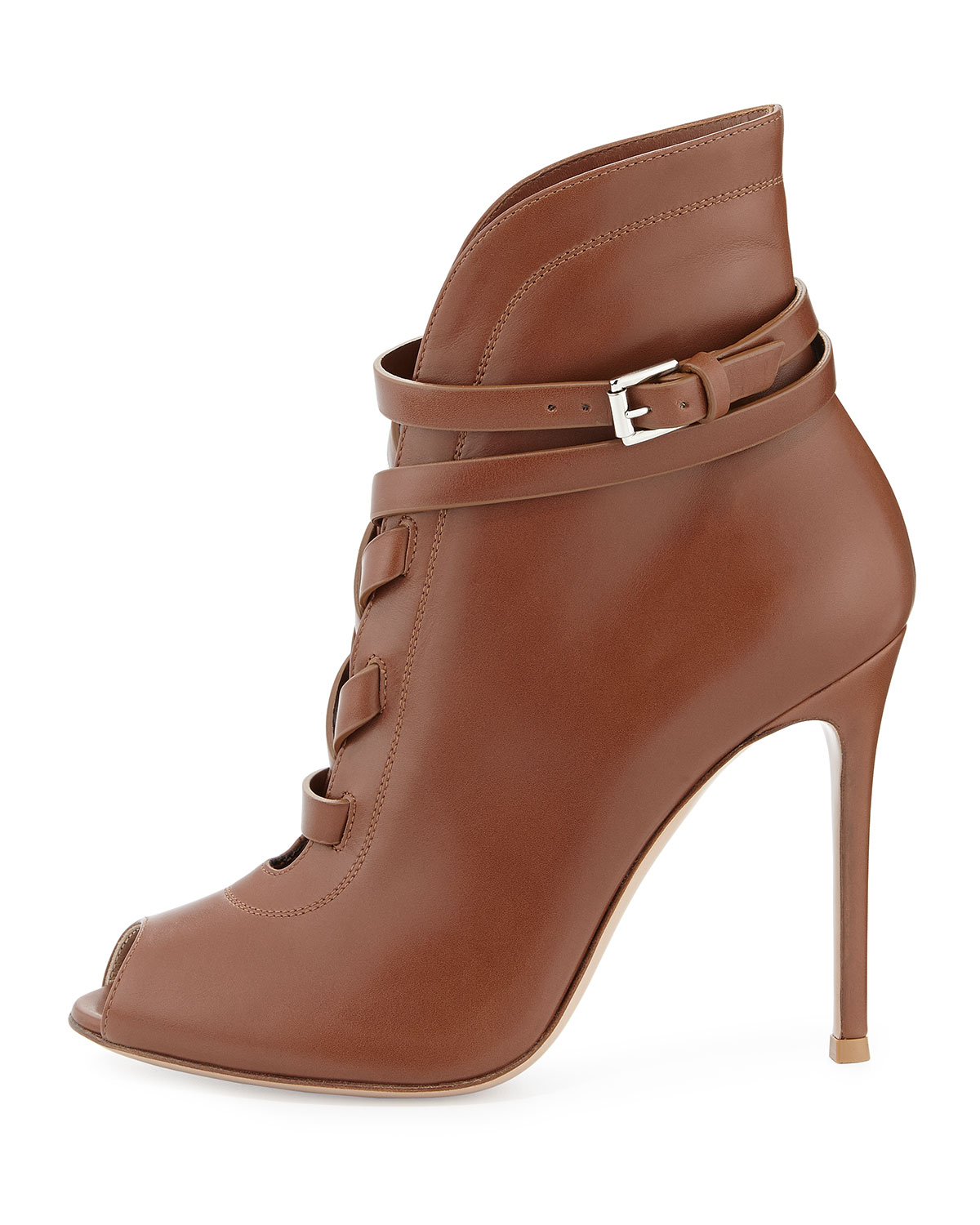 brown leather peep toe booties