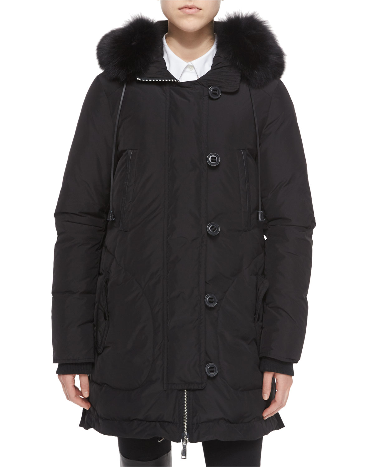 Vince Fox Fur-Trimmed Hooded Parka Jacket in Black | Lyst