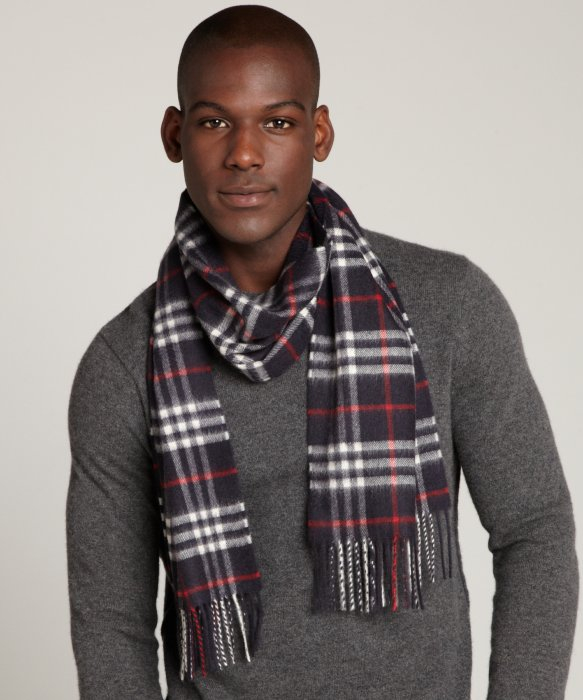 Lyst - Burberry Navy Check Cashmere Fringe Scarf in Blue for Men