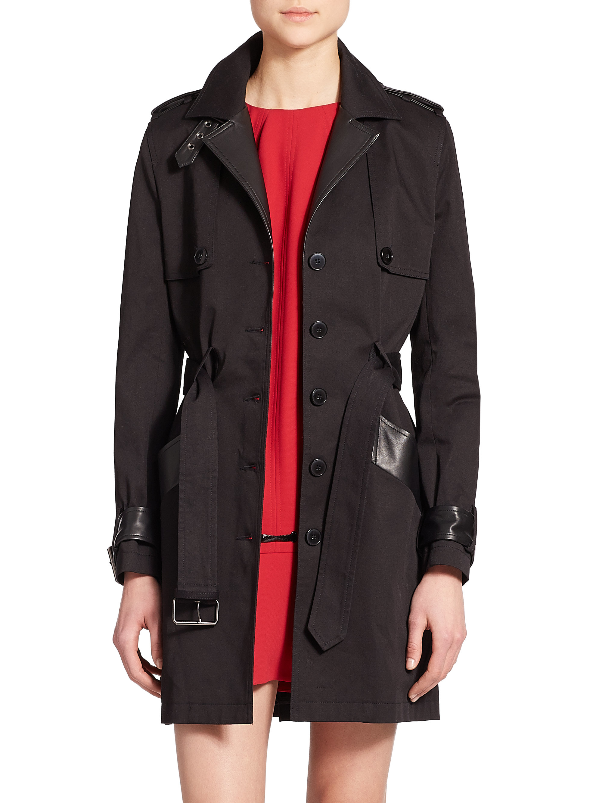 Lyst - The Kooples Leather-trim Trenchcoat in Black