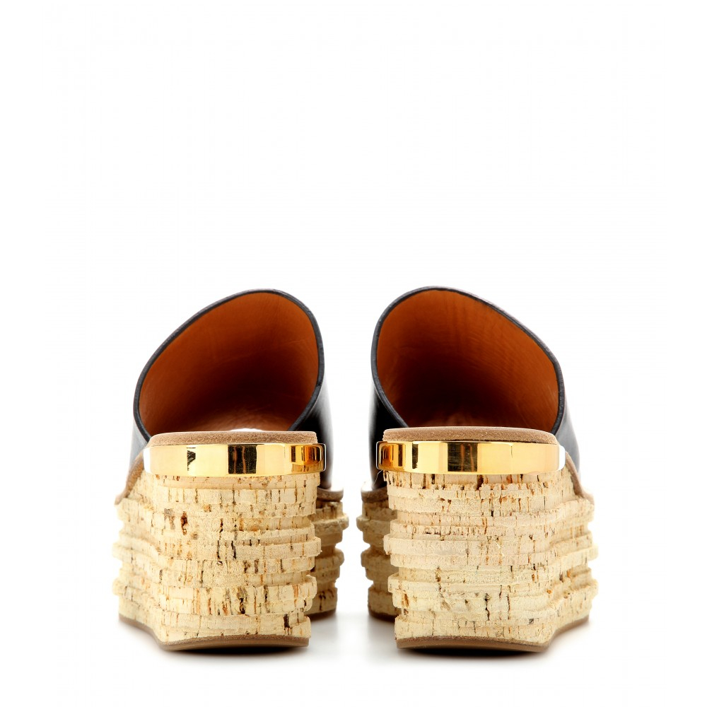 Lyst - ChloÃ© Camille Leather Cork Wedge Mules in Black