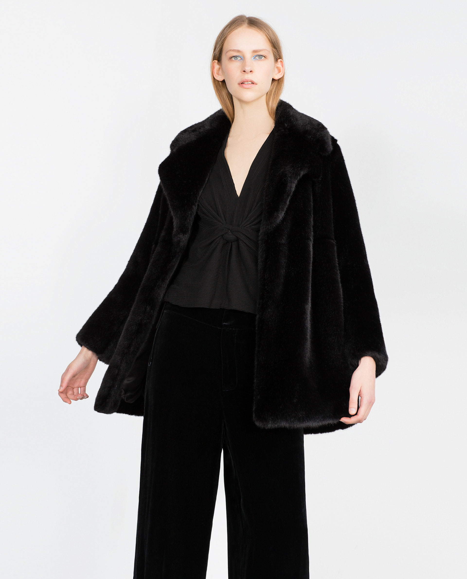 Zara Studio Faux Fur Coat in Black | Lyst