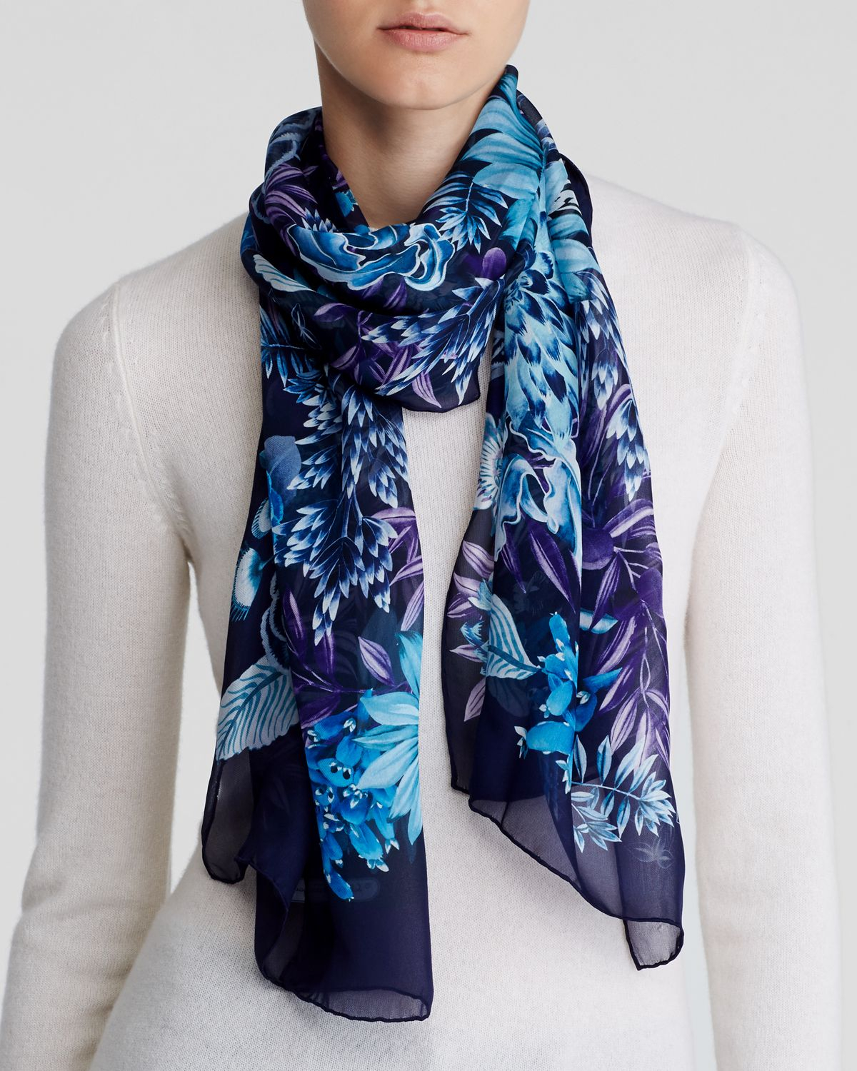 Ferragamo Oblong Floral Print Silk Scarf In Blue Lyst