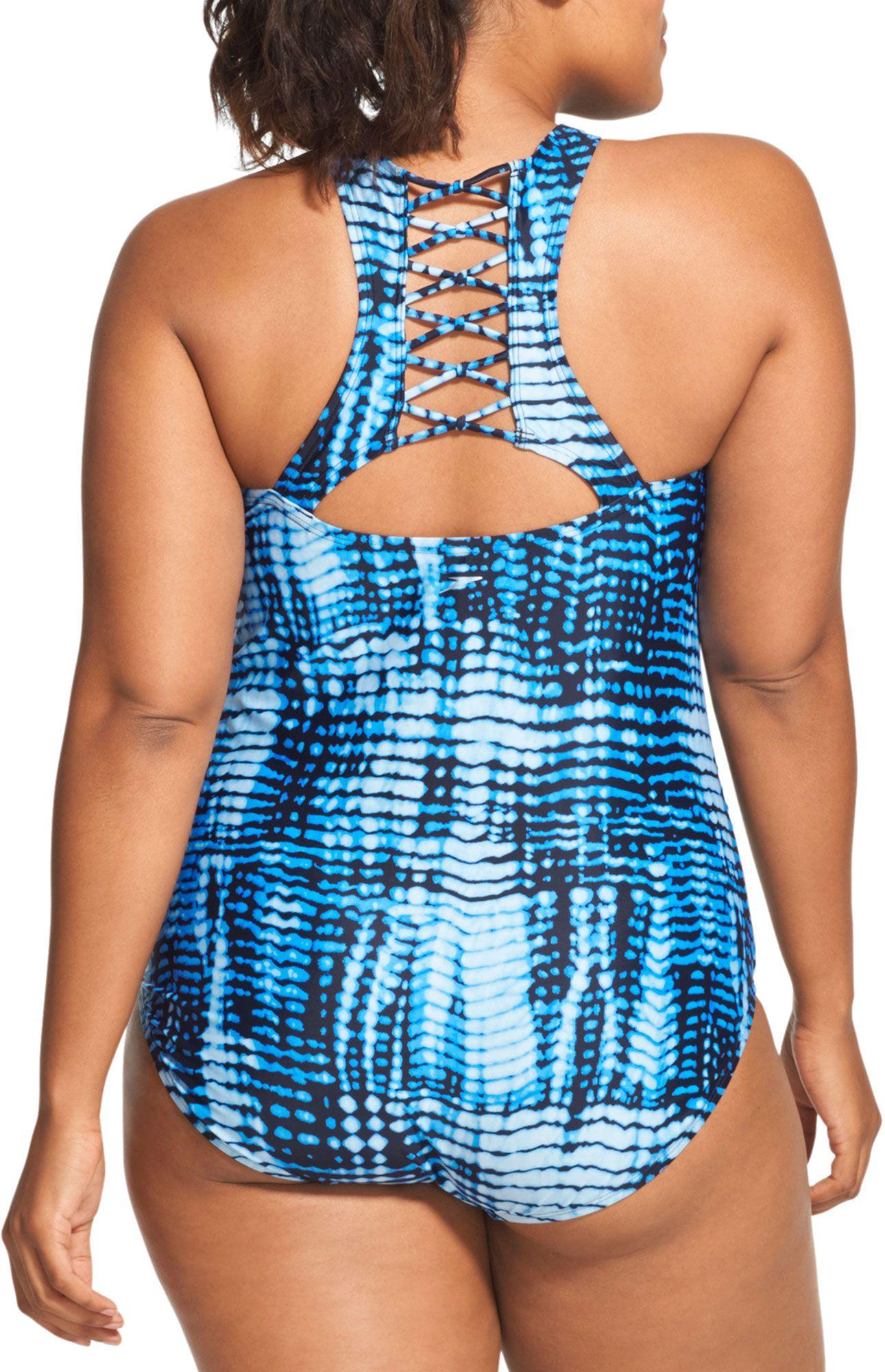 speedo-plus-size-knotted-racerback-one-piece-swimsuit-in-blue-lyst