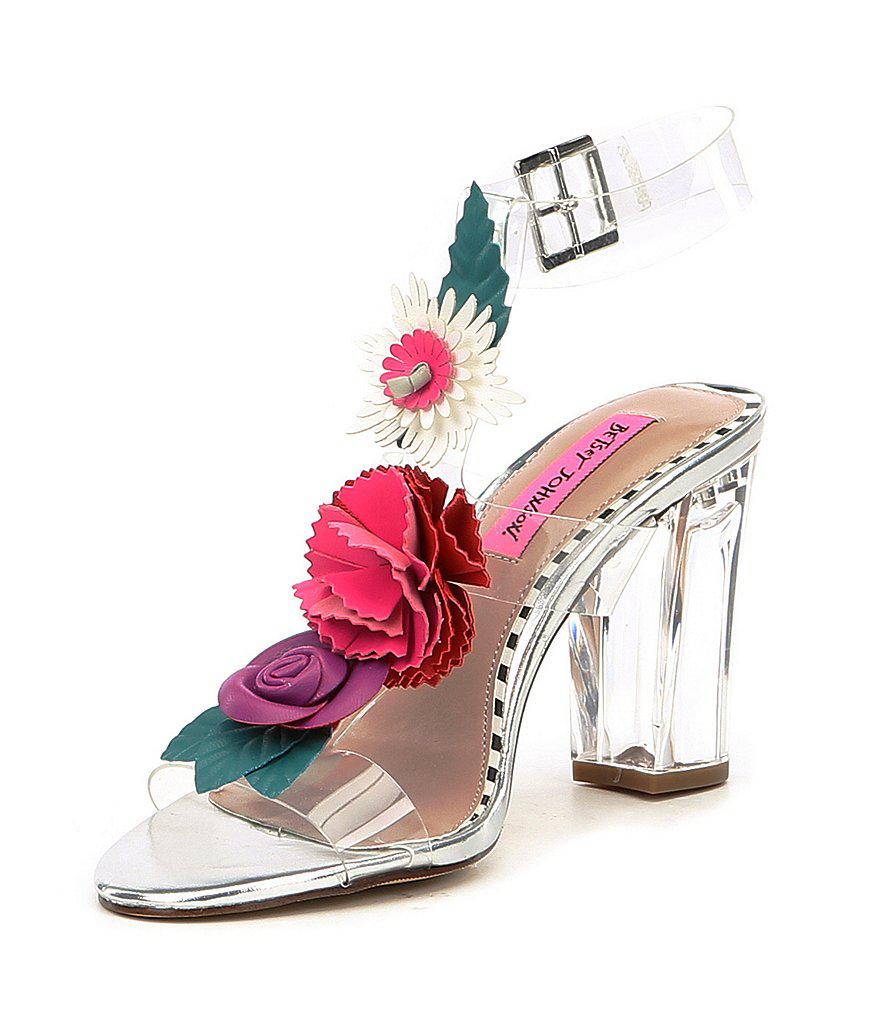 Lyst - Betsey Johnson Abigail Transparent Flower Ornament Ankle Strap Block Heel Dress Sandals