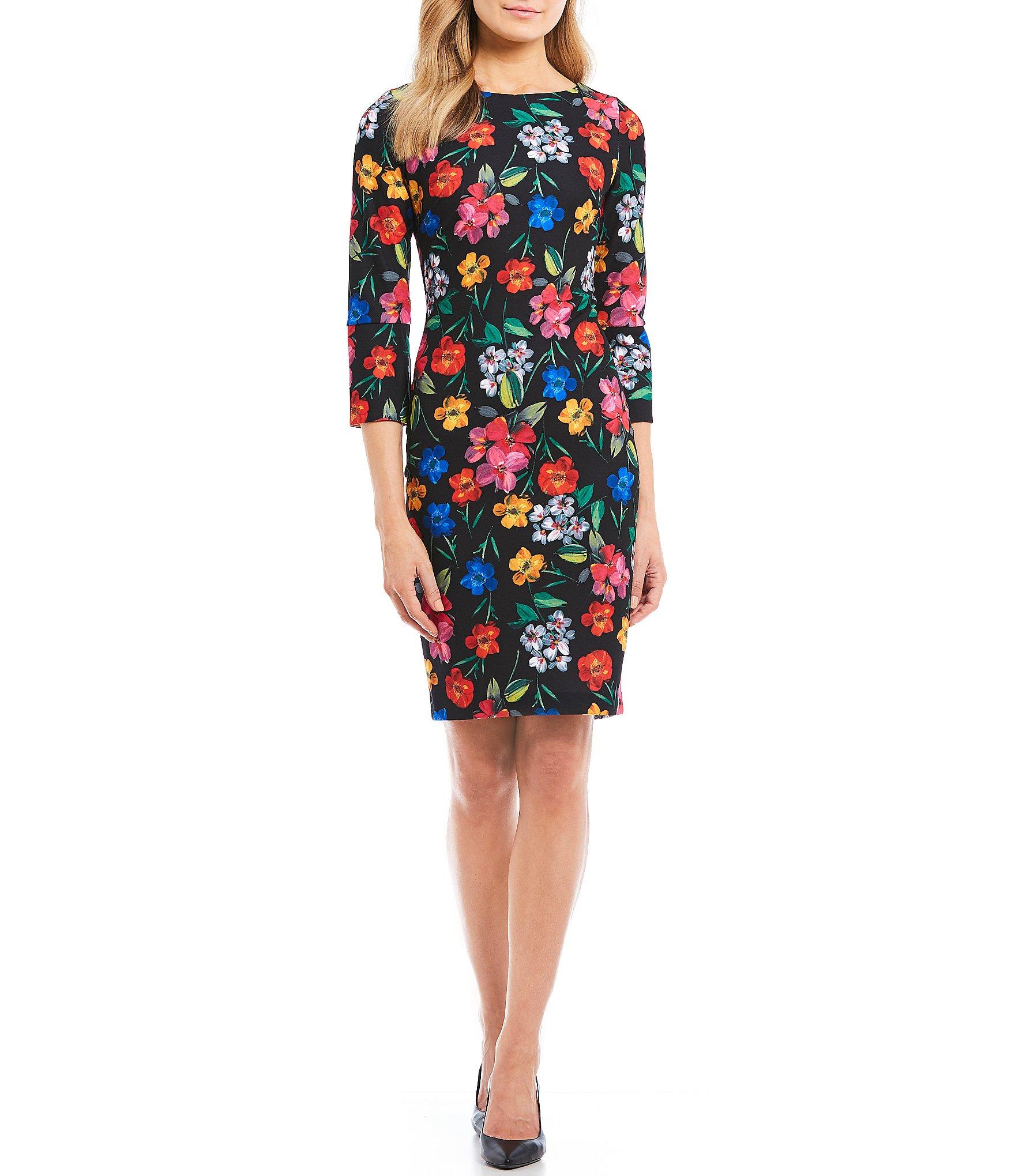 Lyst - Calvin Klein Floral Print Split 3/4 Sleeve Sheath Dress in Black
