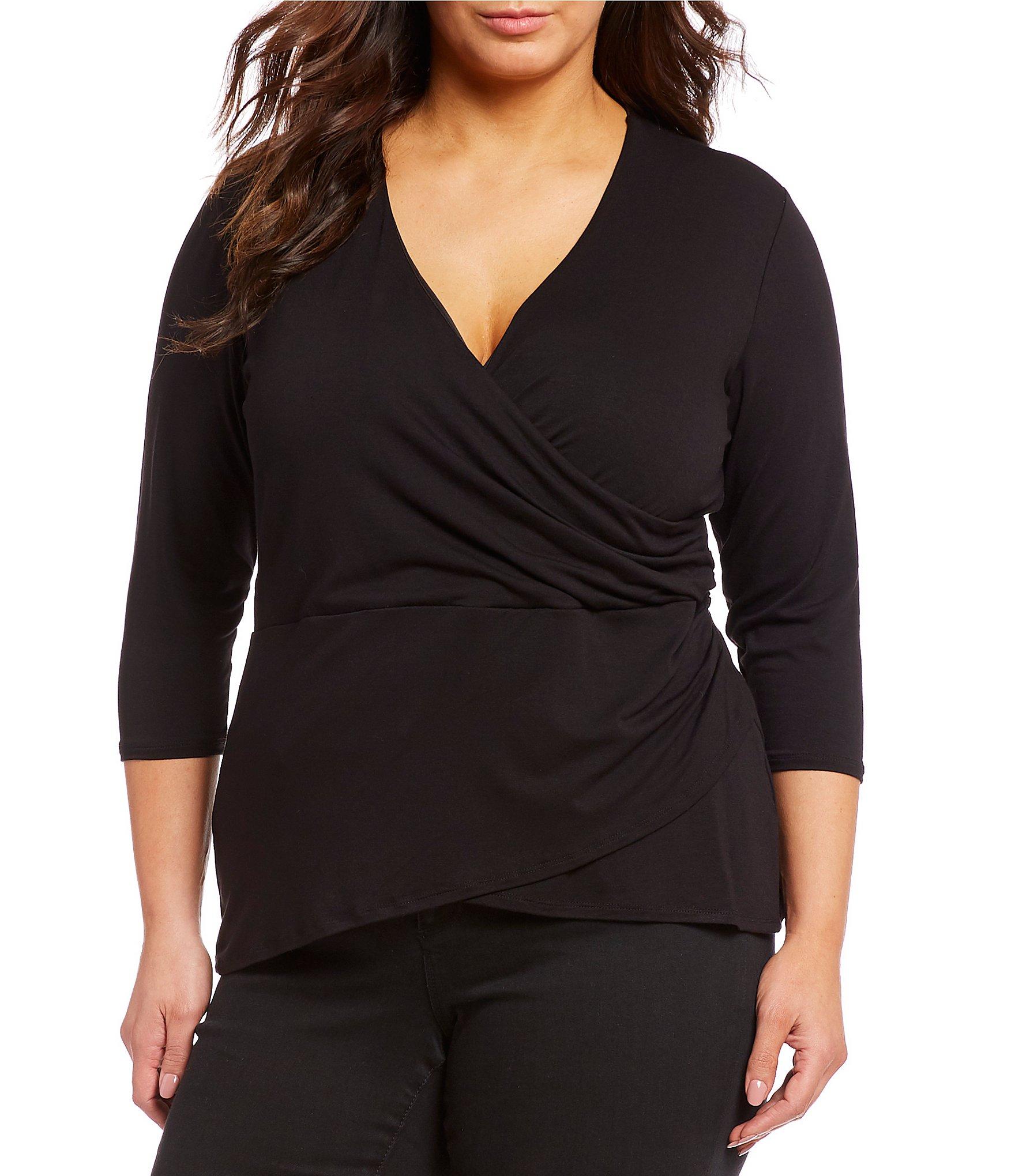 Vince Camuto Plus Size Faux Wrap Surplice V-neck Knit Top in Black - Lyst