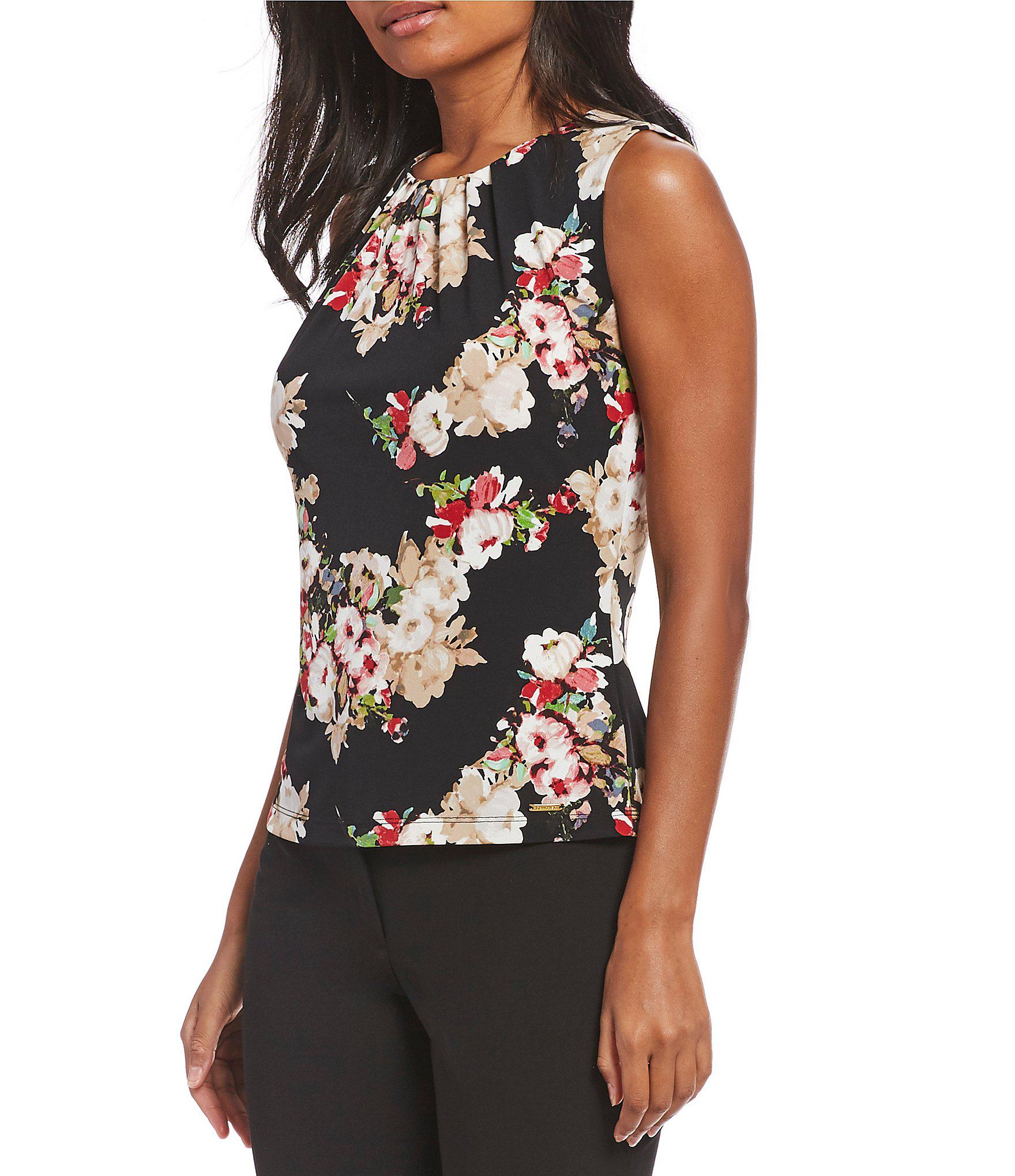 Calvin Klein Clustered Floral Print Matte Jersey Pleat Neck Shell Top ...