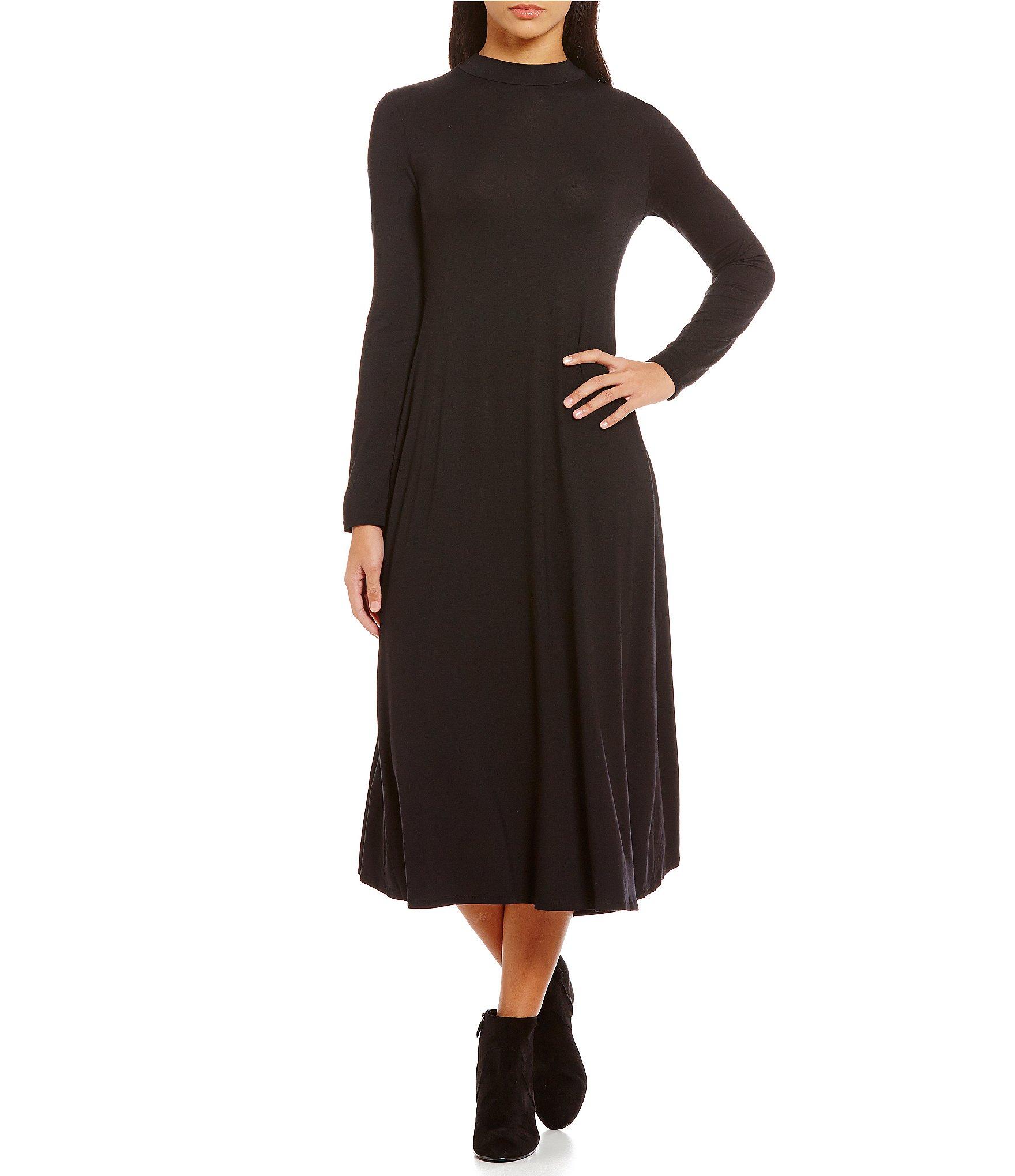 Eileen Fisher Mock Neck Long Sleeve Midi Dress in Black - Lyst