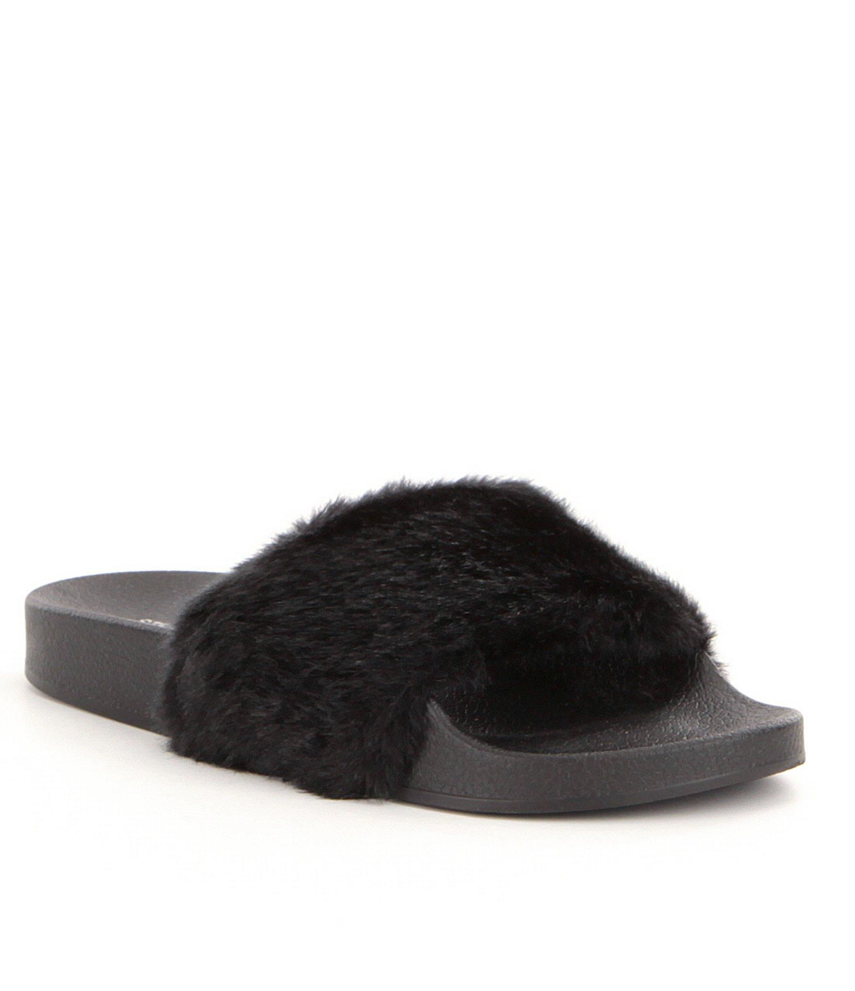 Steve madden Softey Faux Fur Slide-on Sandals in Black | Lyst