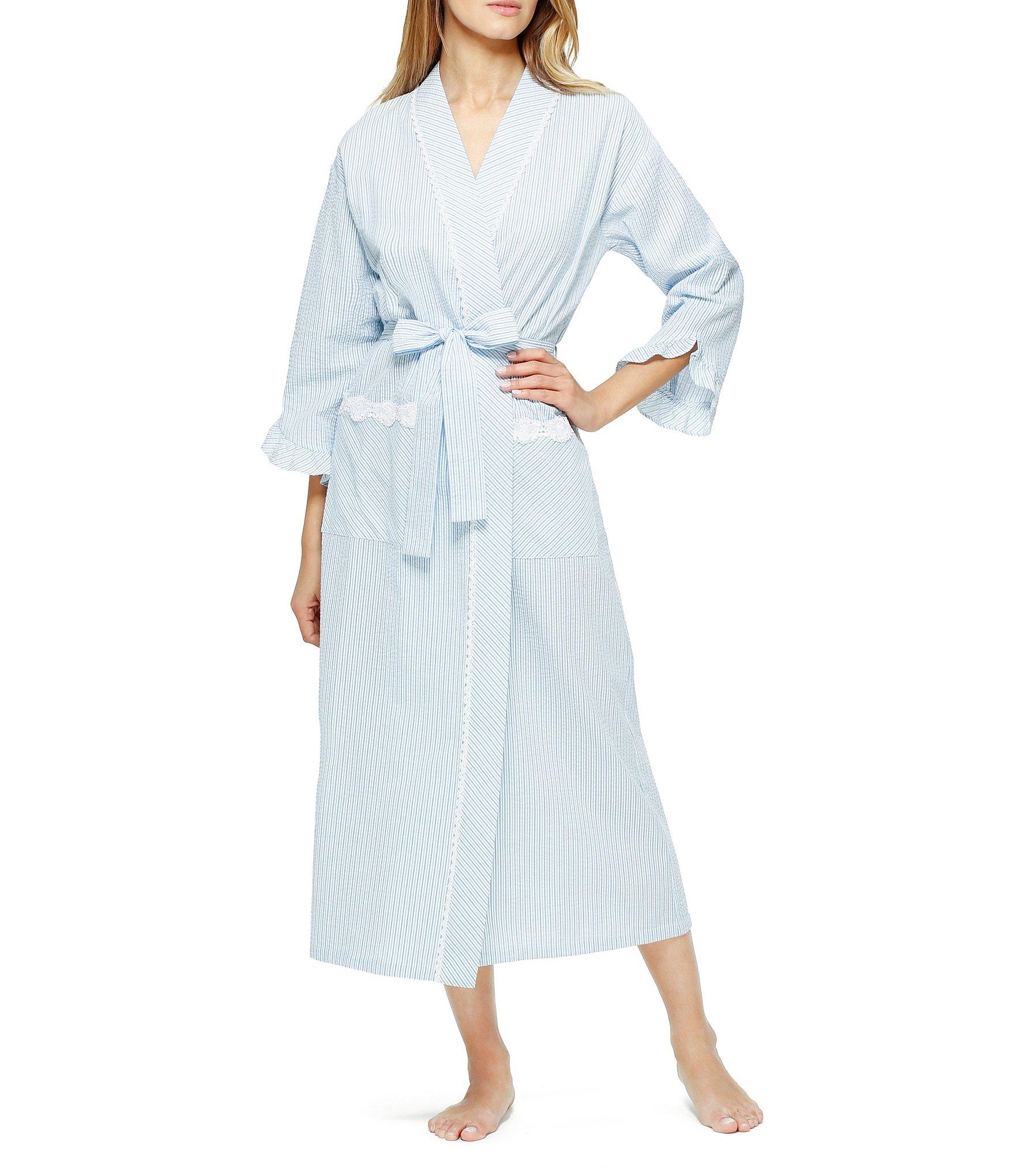 Eileen West Lace-trimmed Striped Seersucker Wrap Robe in Blue - Lyst