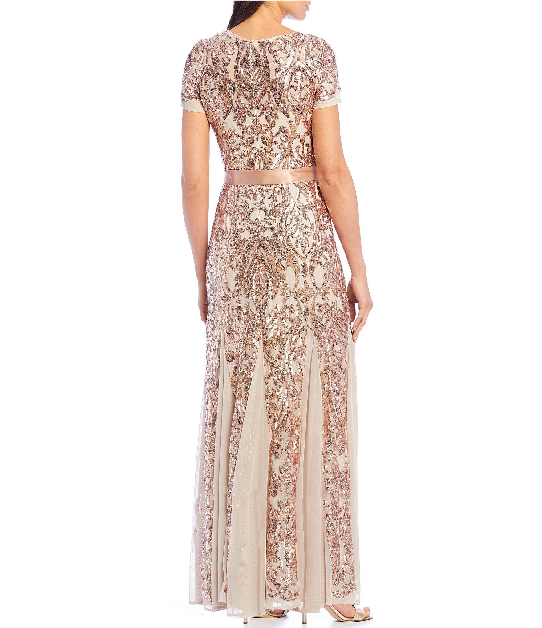 r & m richards short sleeve sequin evening gown