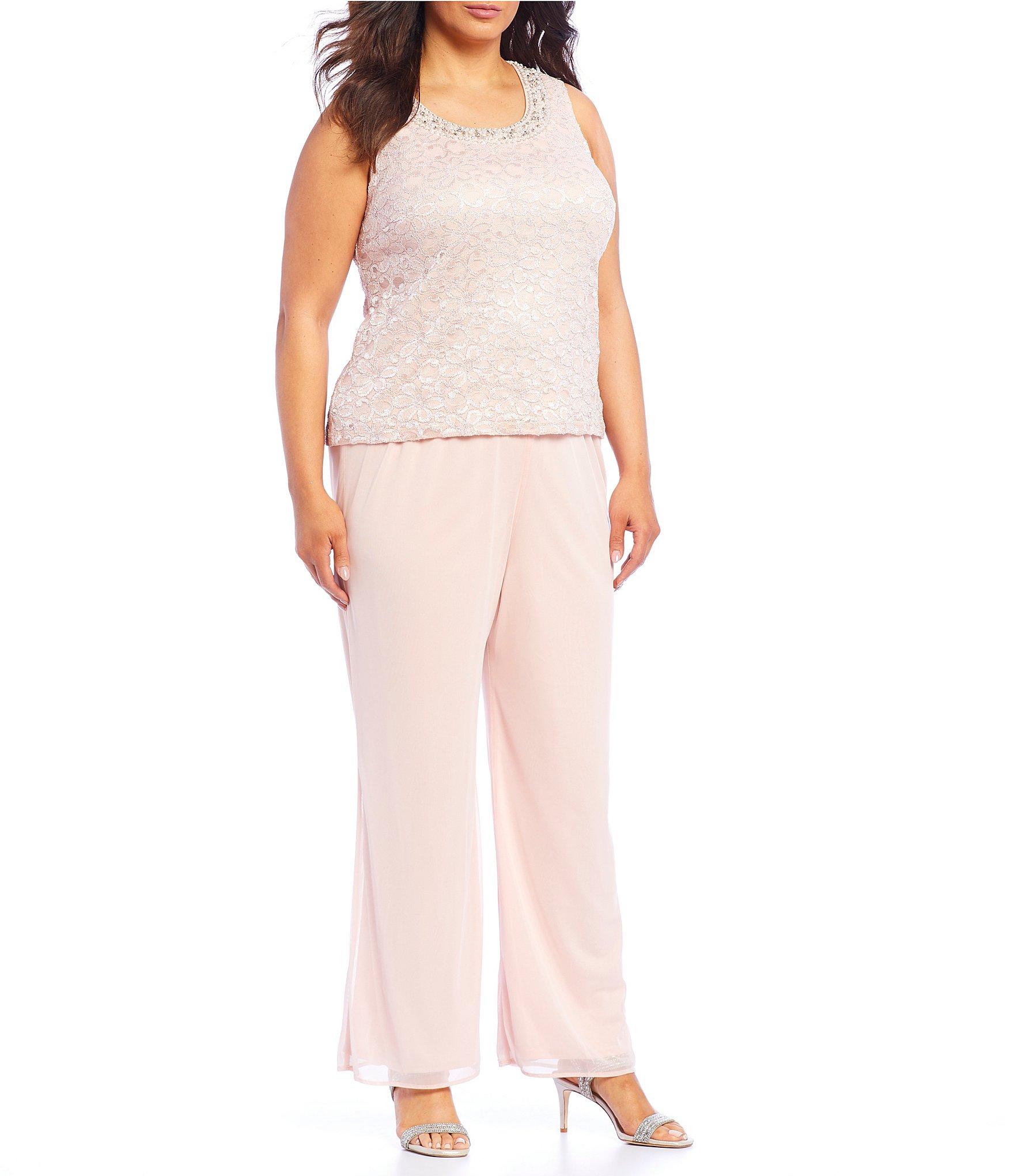 R And M Richards Plus Size 3 Piece Lace Flyaway Pant Set In Blush Pink Lyst 9021