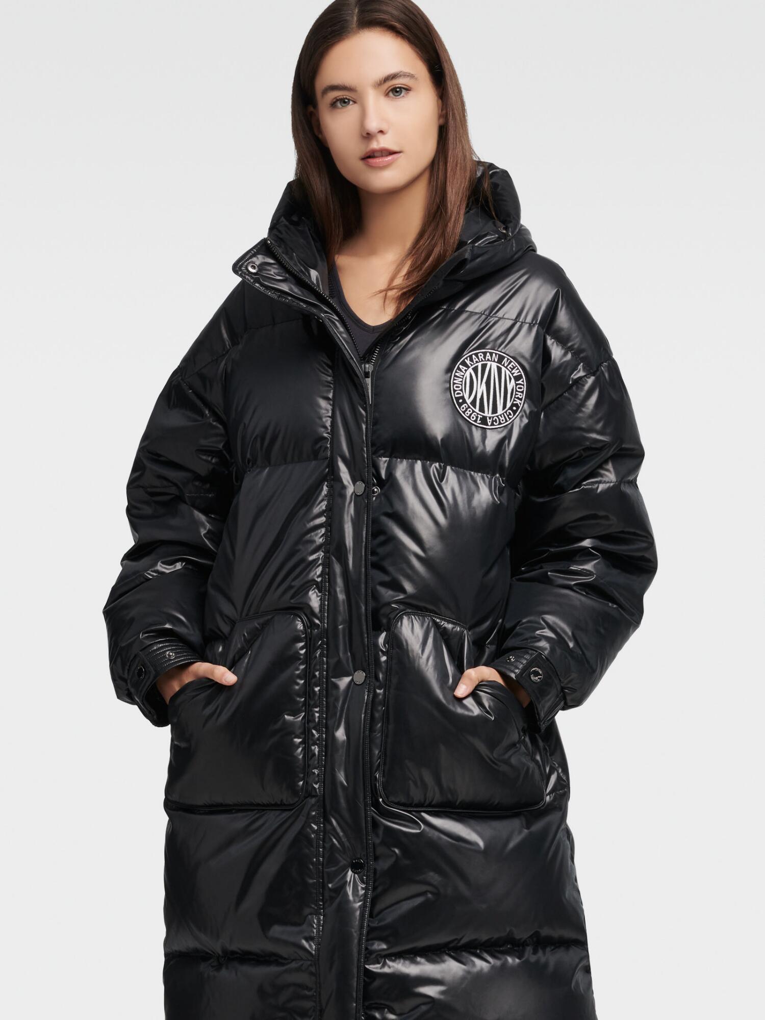dkny black longline puffer coat