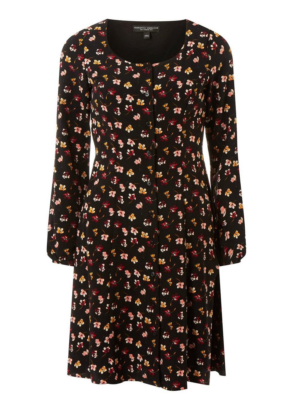 Lyst - Dorothy Perkins Black Floral Print Button Tea Dress in Black