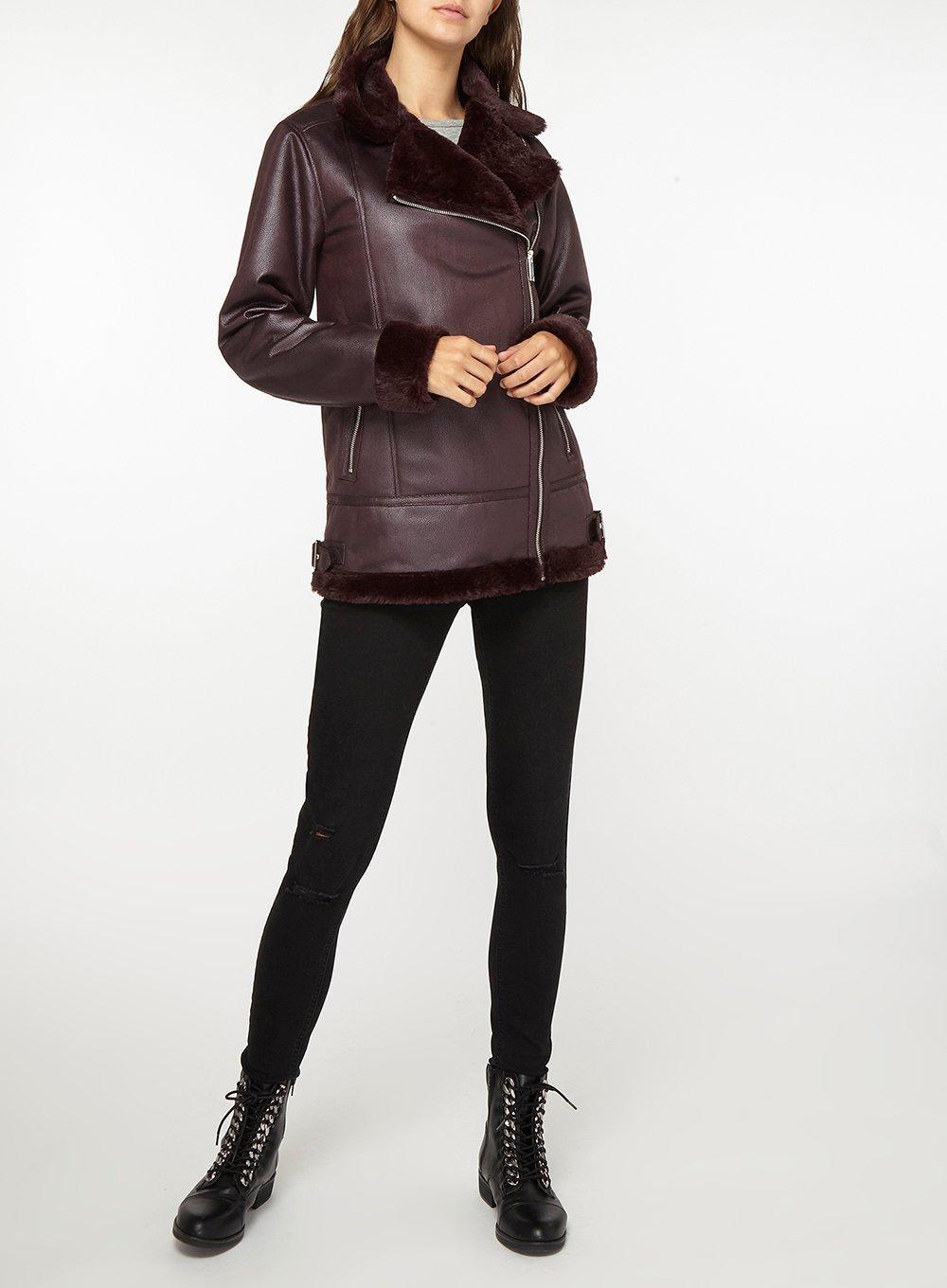 Dorothy Perkins Tall Purple Burdy Faux Shearling Biker Jacket In Gallery Previously Sold At Debenhams Dorothy Perkins