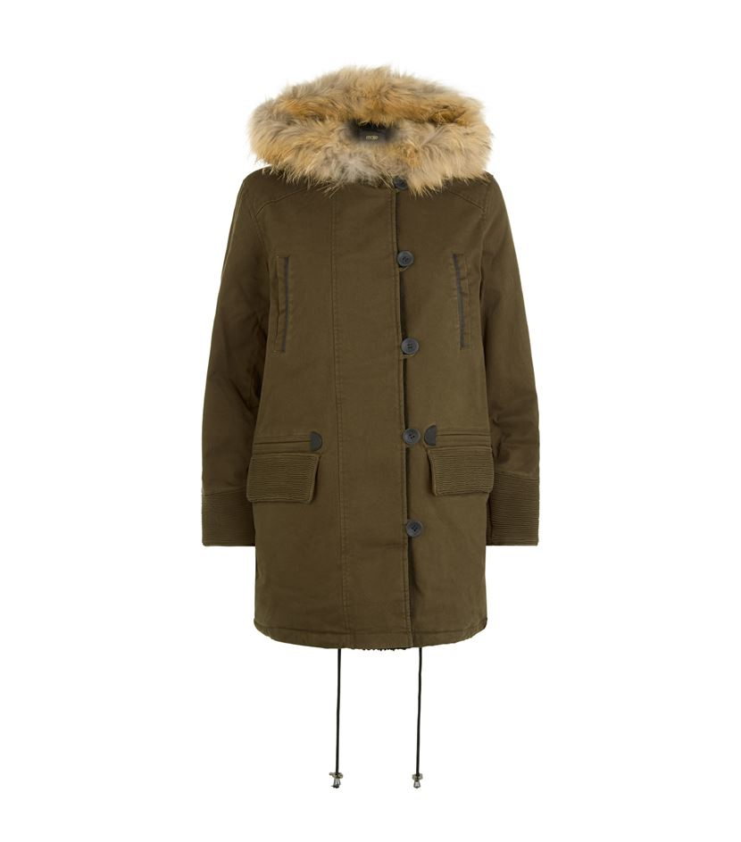 Maje Gaston Fur Trim Hooded Parka Coat in Green | Lyst