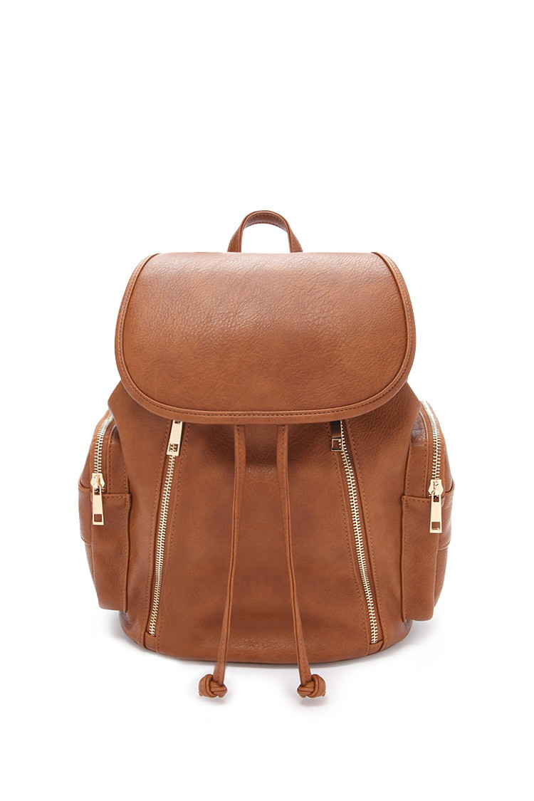 Forever 21 Zippered Faux Leather Backpack in Brown | Lyst