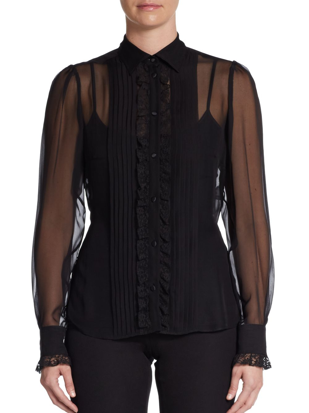 Lyst - Dolce & Gabbana Lace-Trimmed Sheer Silk-Blend Blouse in Black