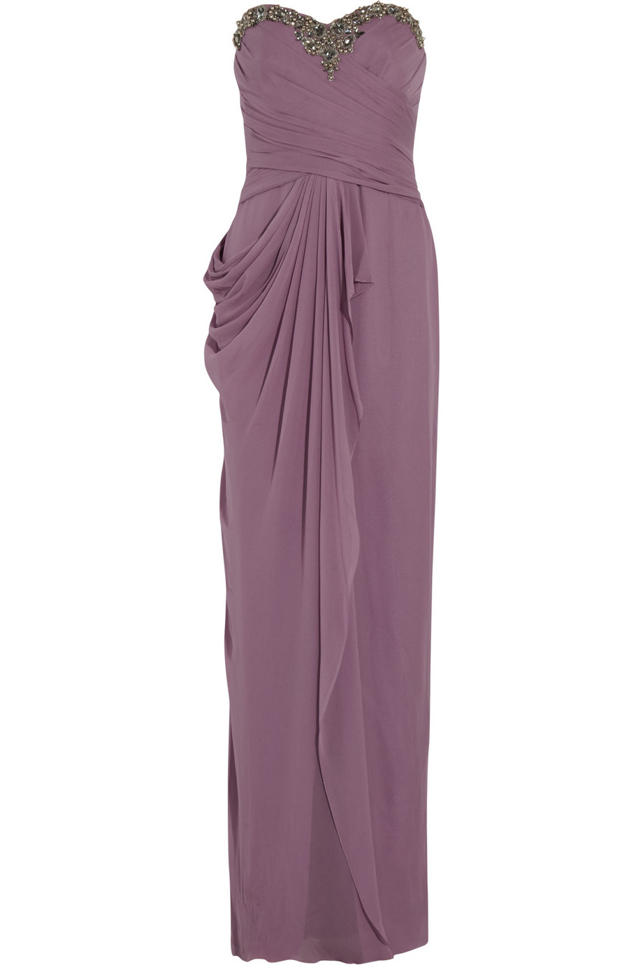 Notte By Marchesa Embellished Draped Silk Chiffon Gown in Purple ...