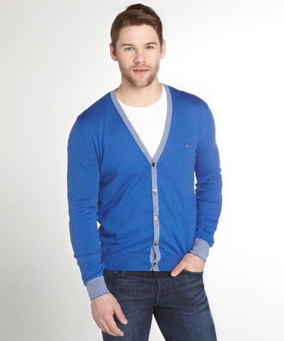 Royal blue cardigan sweater cotton yarn free shipping