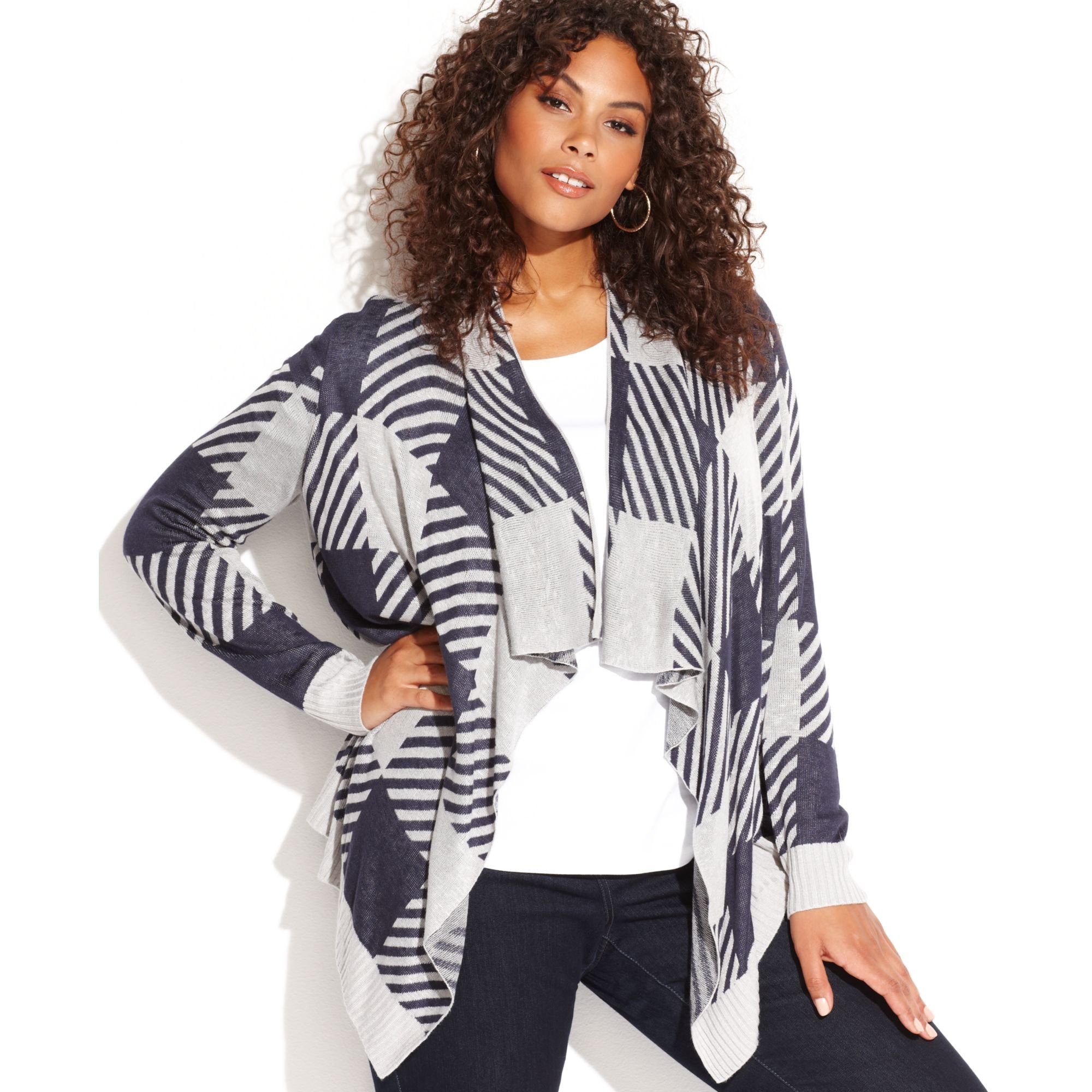 Inc International Concepts Plus Size Open Front Draped Printed Cardigan ...
