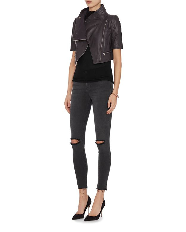 Yigal Azrouël Short Sleeve Crop Leather Jacket Navy In Black Lyst Gallery