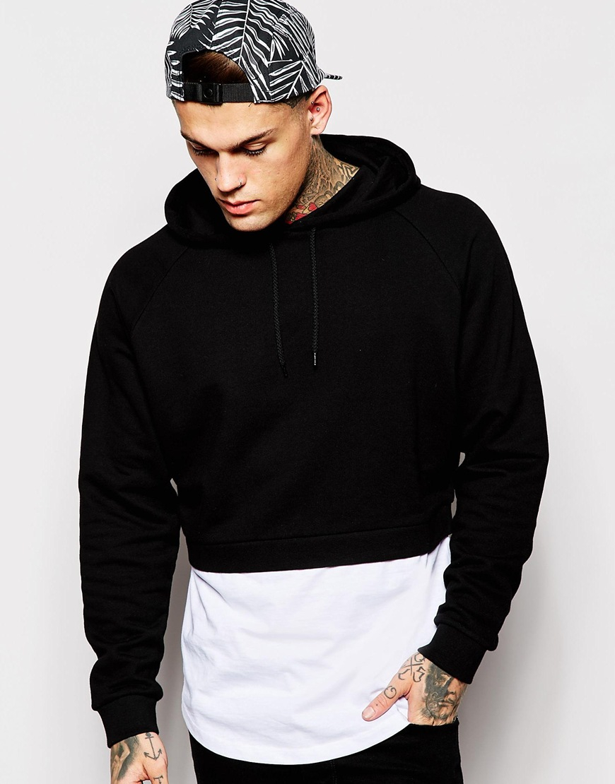 Asos Cropped Hoodie With Mock T-shirt Hem in Black for Men | Lyst