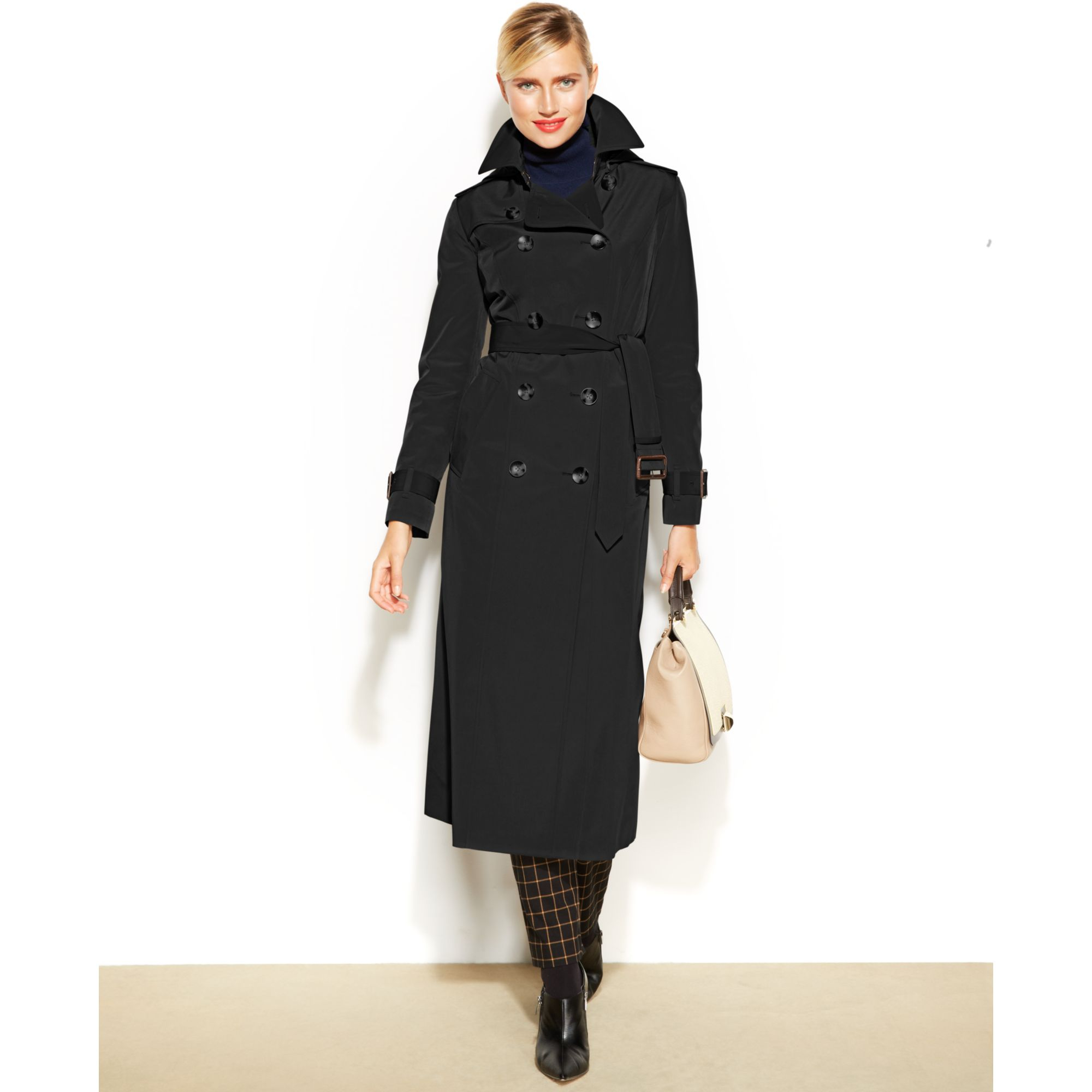 London Fog Hooded Belted Maxi Trench Coat in Black