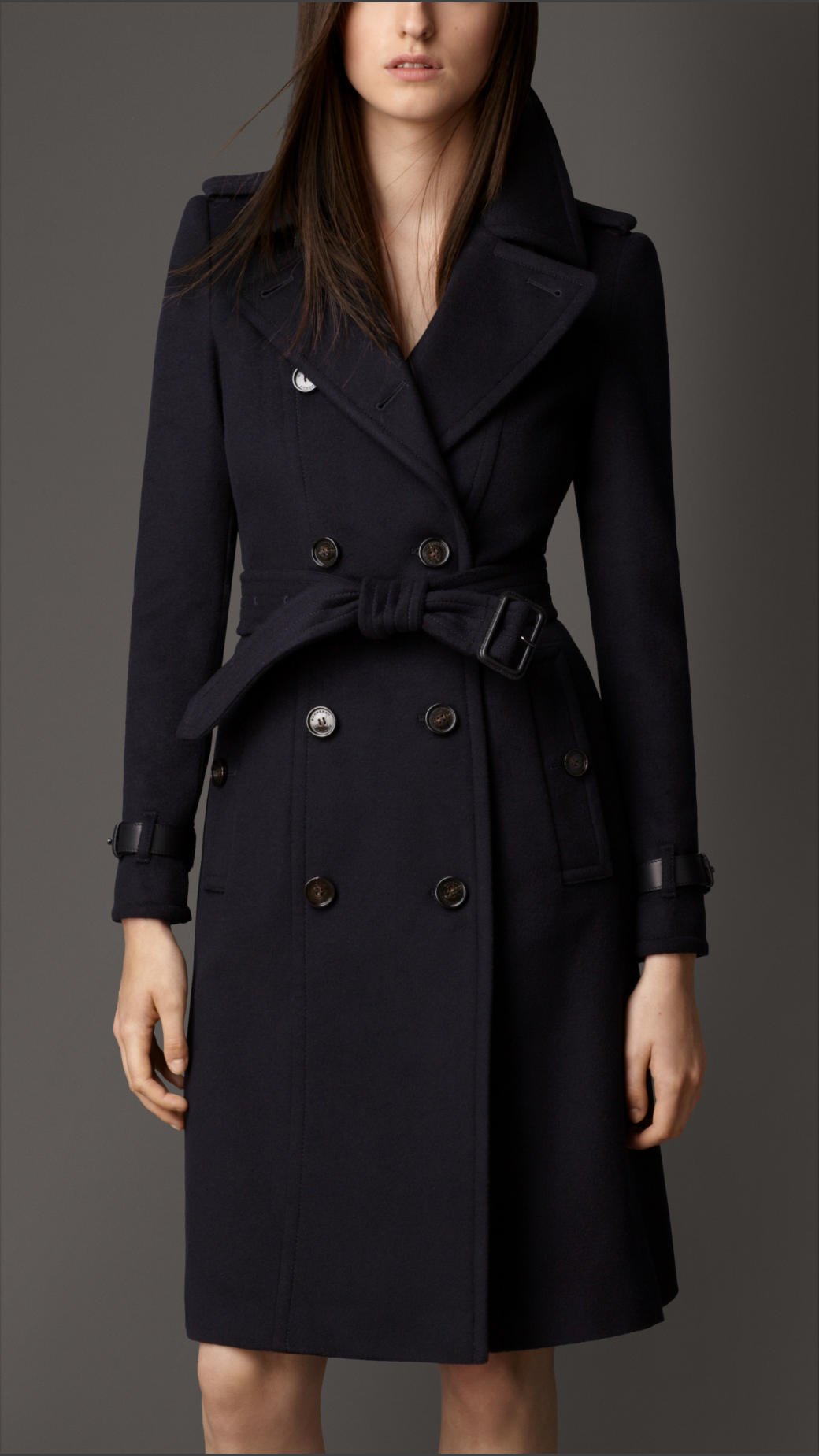 Burberry Leather Trim Wool Cashmere Trench Coat in Blue | Lyst