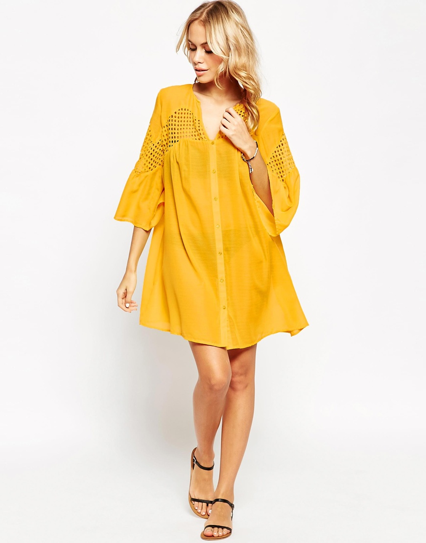 Asos V Neck Corded Lace On Front Smock Beach Dress Mustard In Gallery