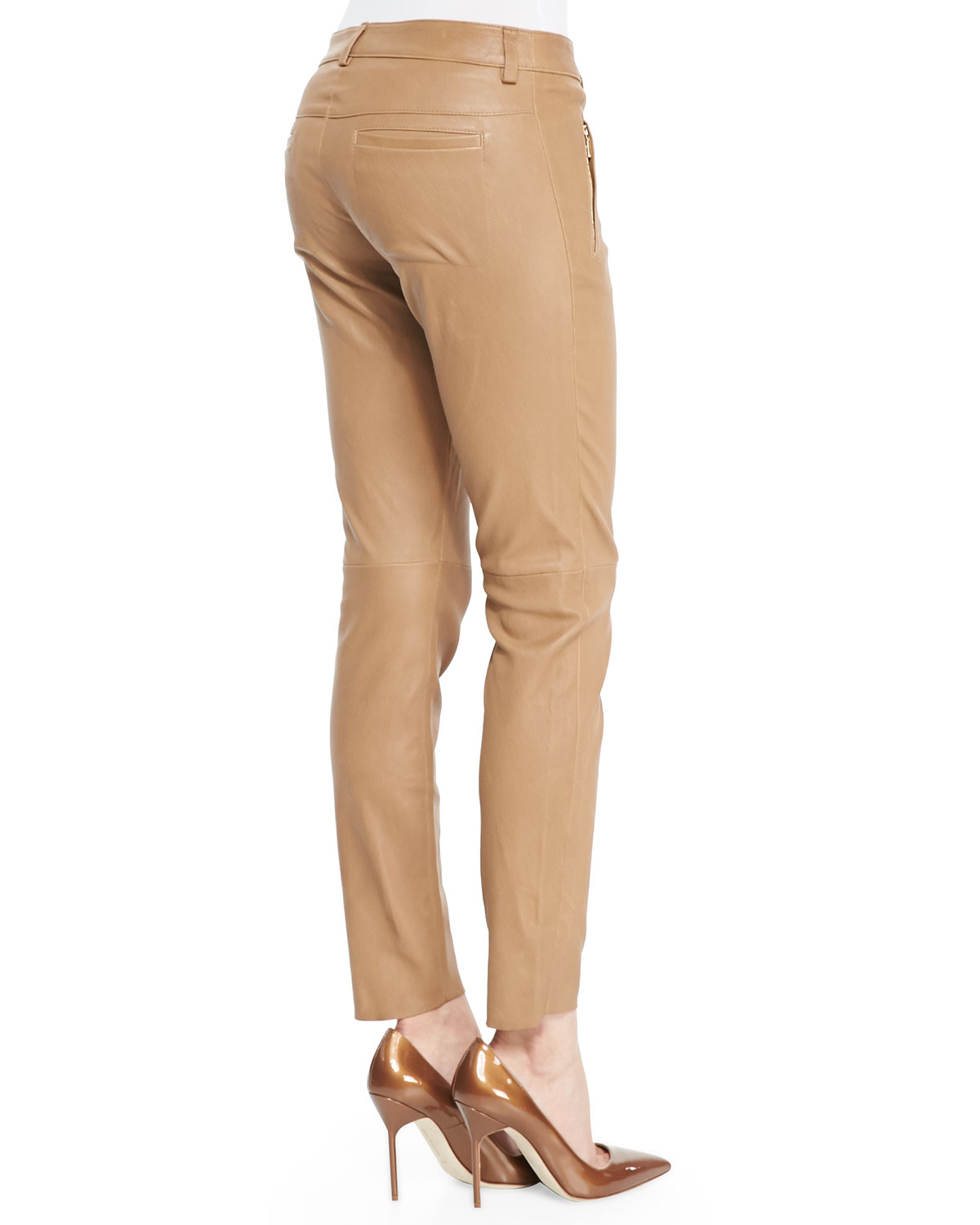 Escada Skinny Lambskin Leather Pants in Brown | Lyst