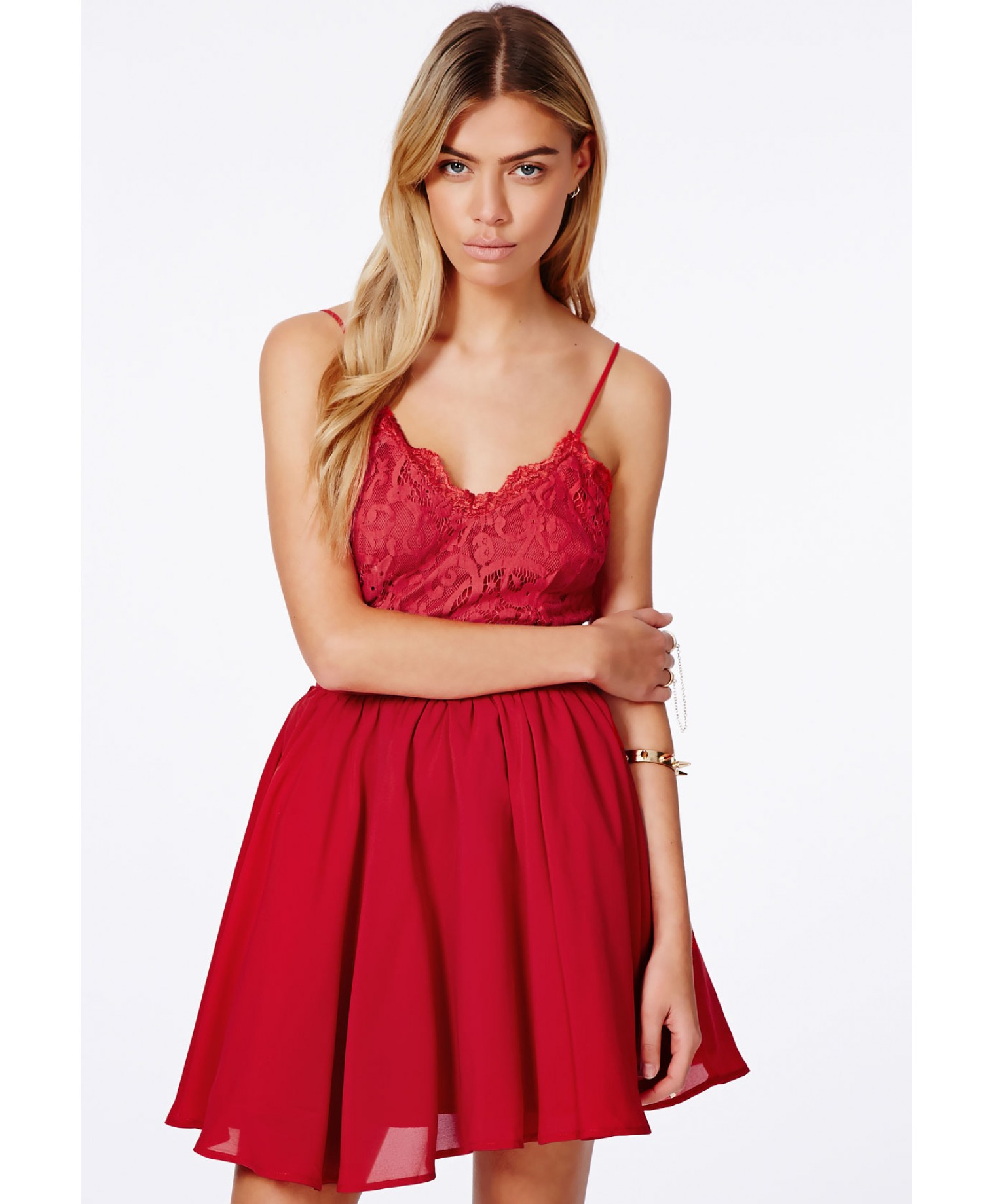 Lyst - Missguided Shiraz Strappy Lace Detail Puffball Mini Dress In Red ...