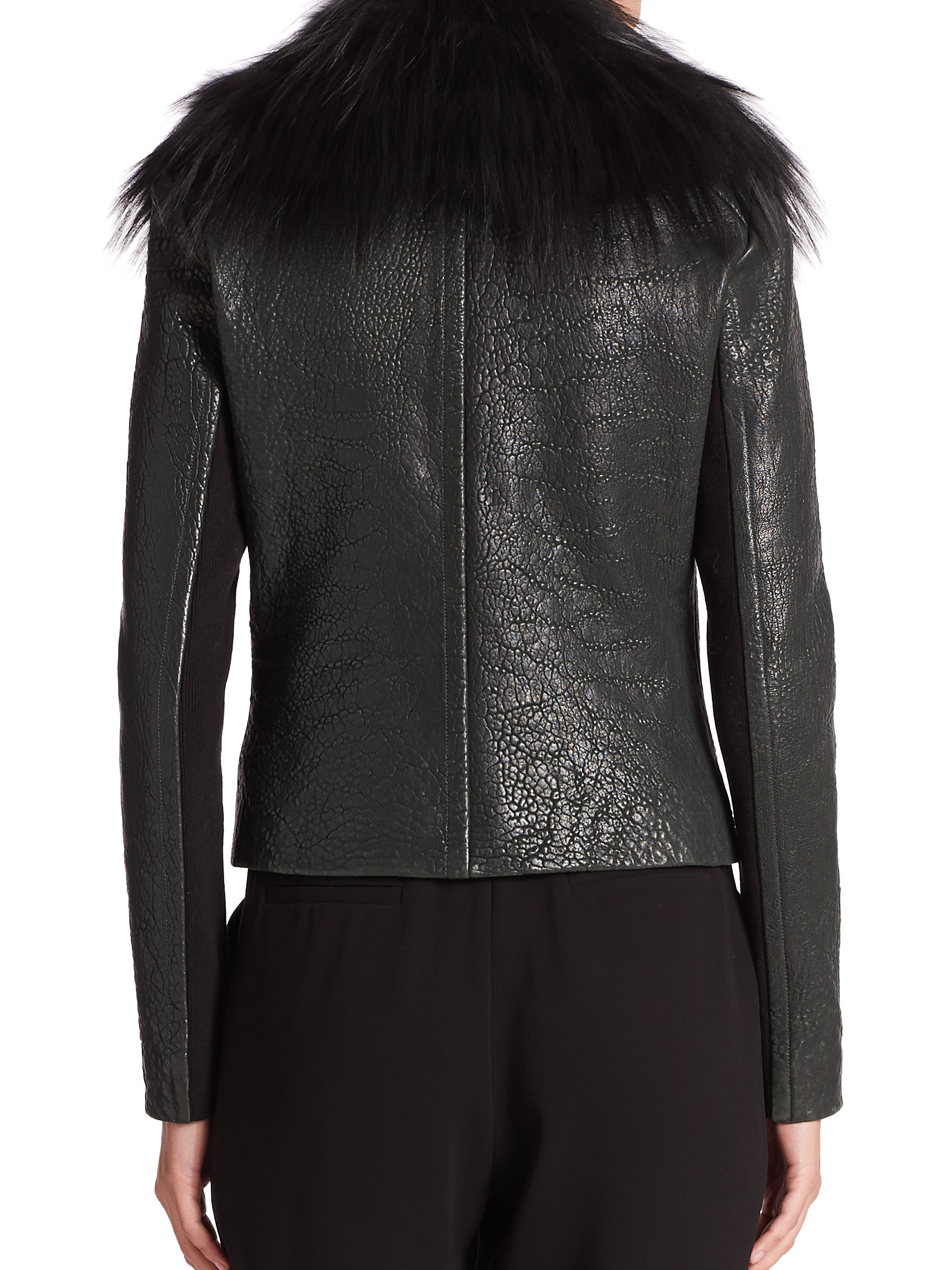 Yigal Azrouël Fur Collar Leather Jacket In Green Lyst Gallery