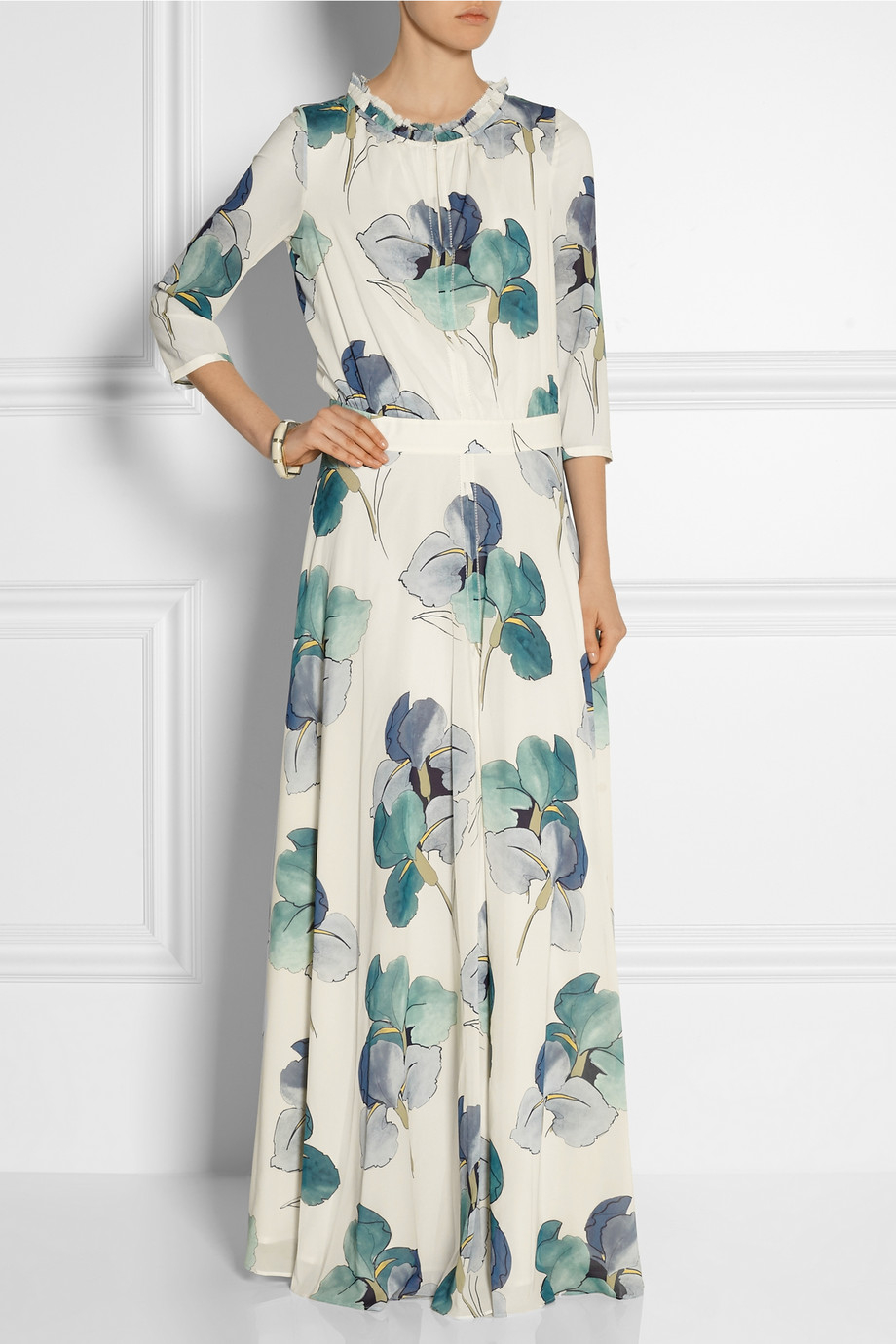 Tory Burch Julia Floral Print Stretch Silk Georgette Maxi Dress In Blue Lyst 7279