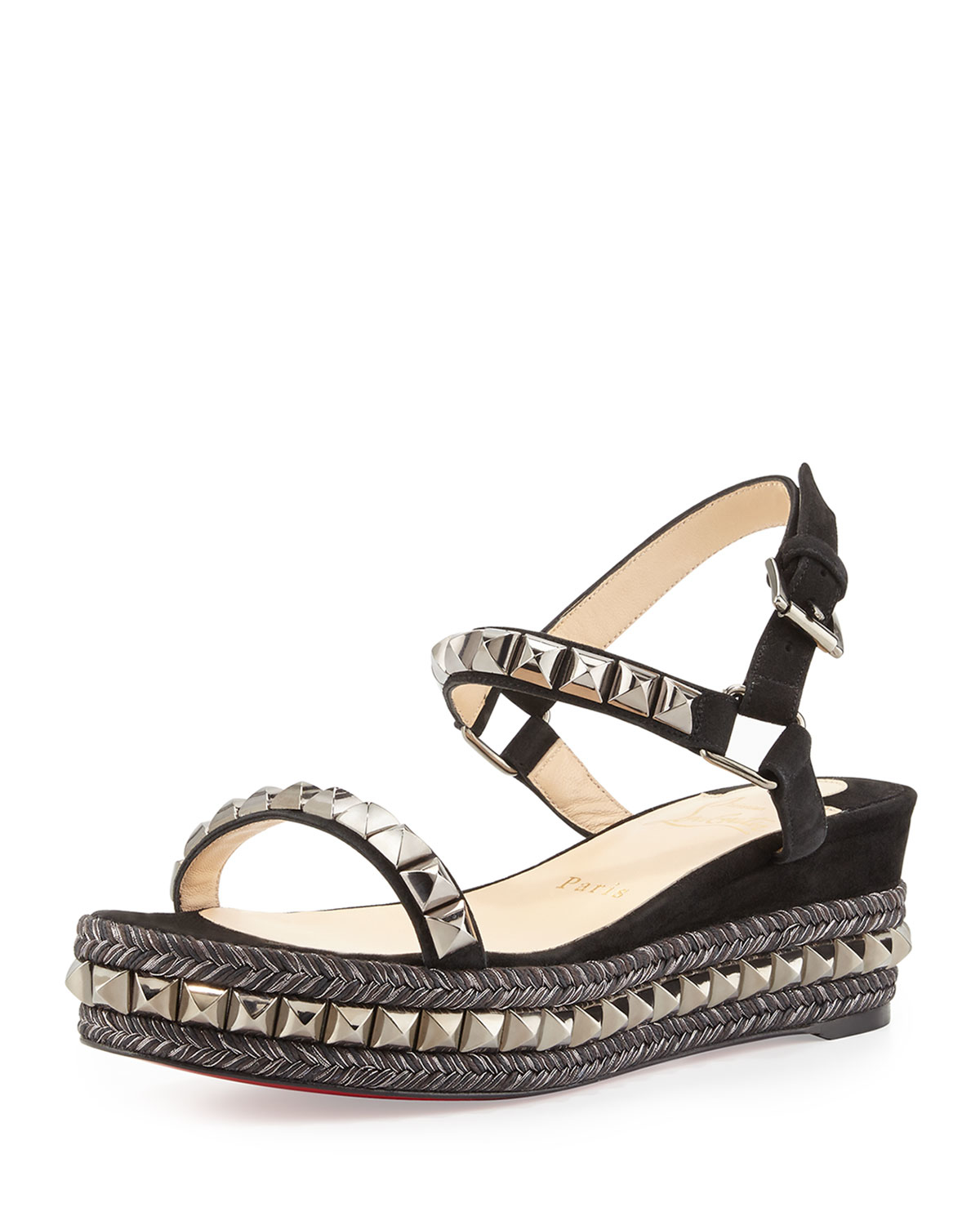 Christian louboutin Cataclou Studded-Suede Wedge Sandals in Black ...