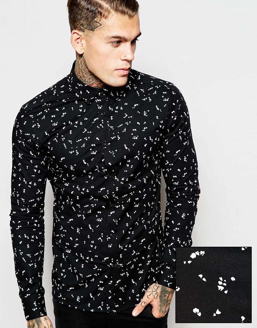 Lyst - ASOS Skinny Shirt With Monochrome Ditsy Print in Black for Men