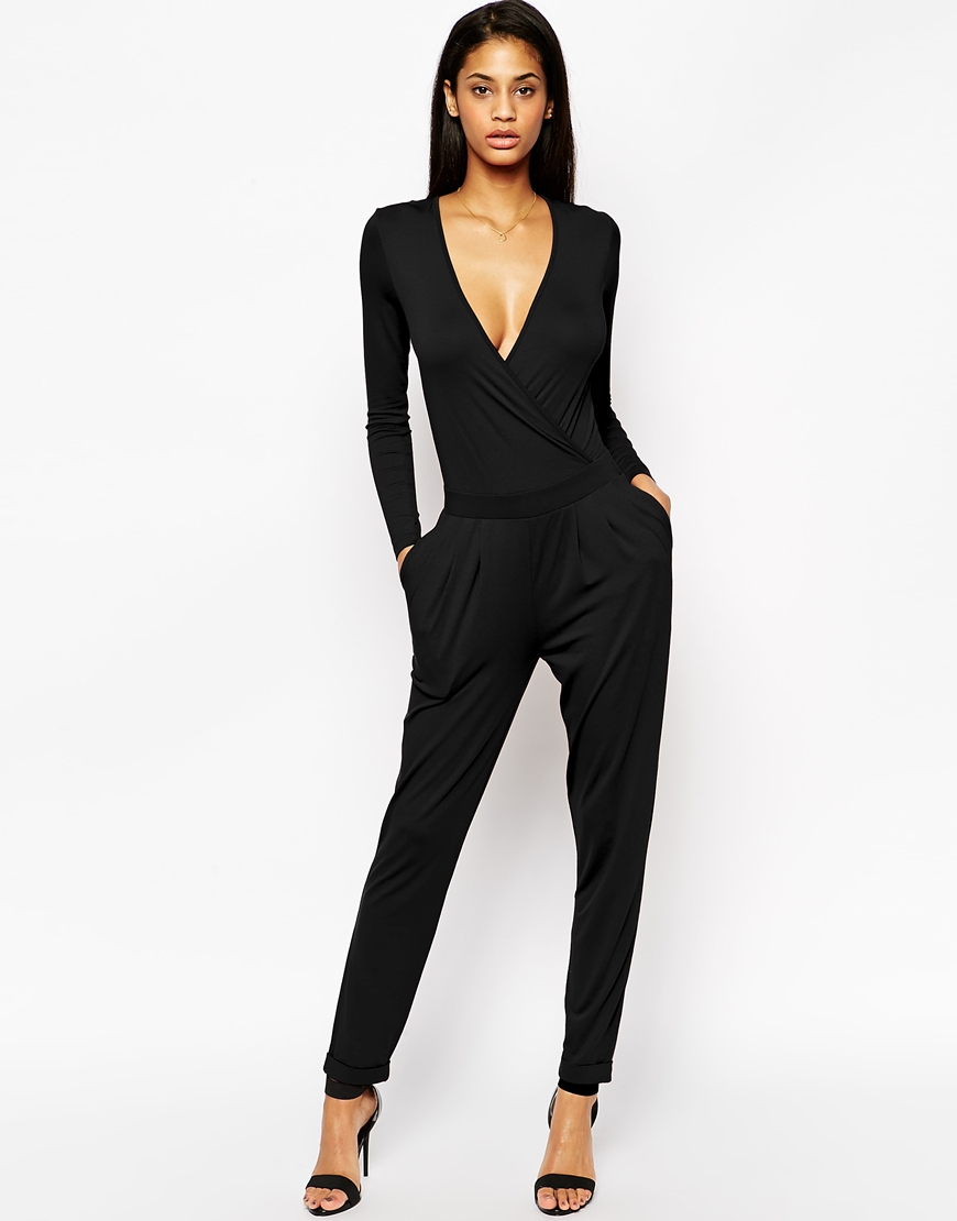 Lyst - Asos Wrap Front Jumpsuit With Long Sleeves in Black