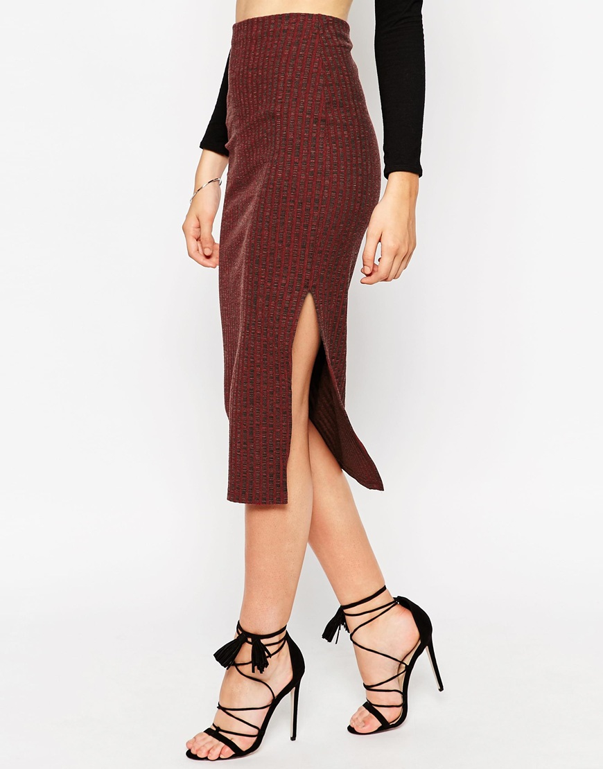Asos Pencil Skirt  In Textured Rib With Cut  Away Side  Split 