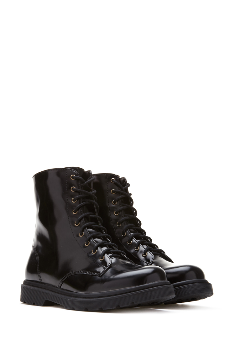 Lyst Forever 21 Faux Patent Leather Combat Boots in Black
