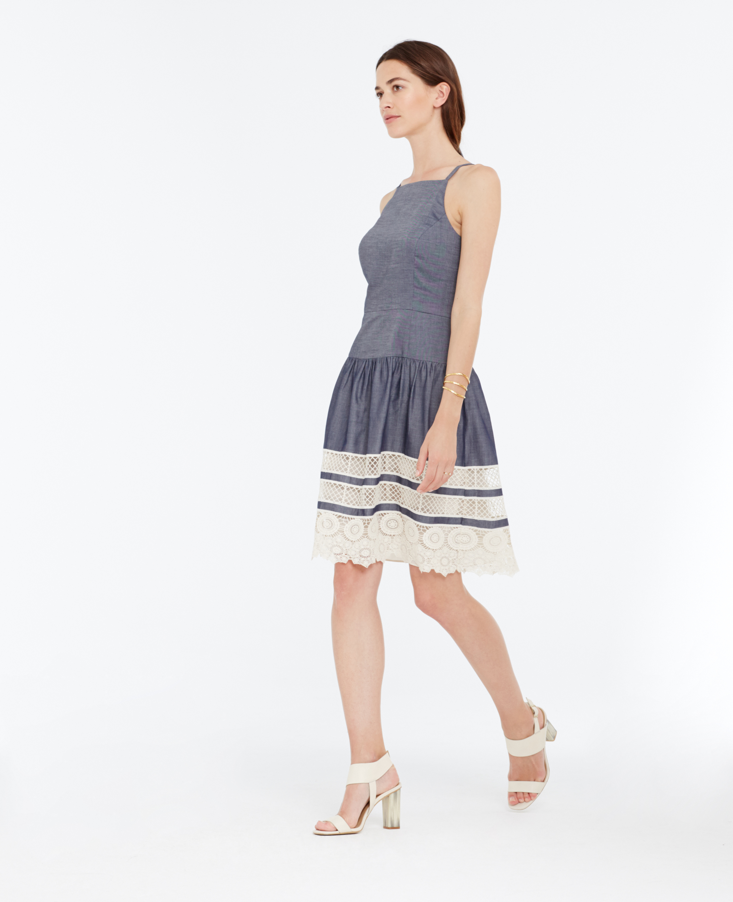 Ann taylor Petite Tiered Lace Chambray Dress in Blue | Lyst