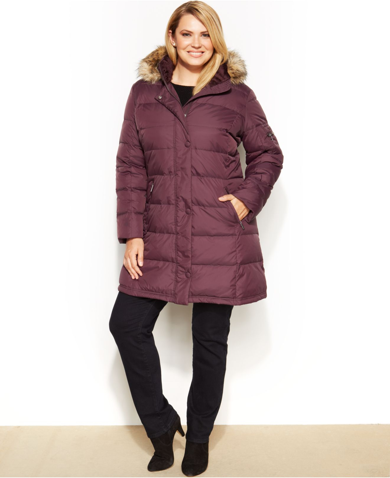 Dkny Plus Size Faux-Fur-Trim Hooded Down Puffer Coat in Purple | Lyst