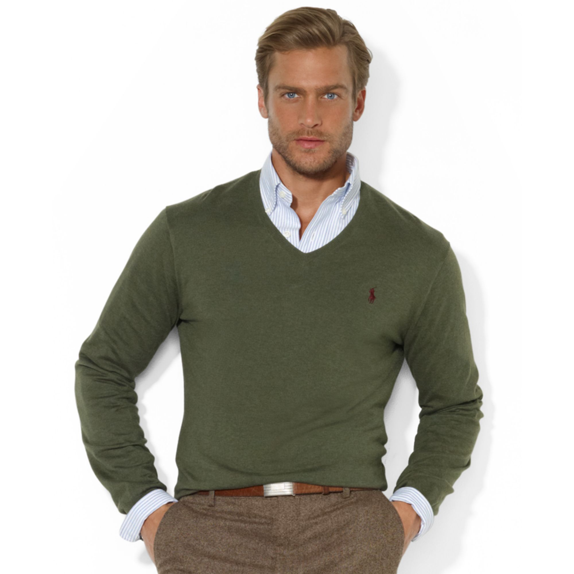 Ralph lauren V-neck Pima Cotton Sweater in Green for Men | Lyst
