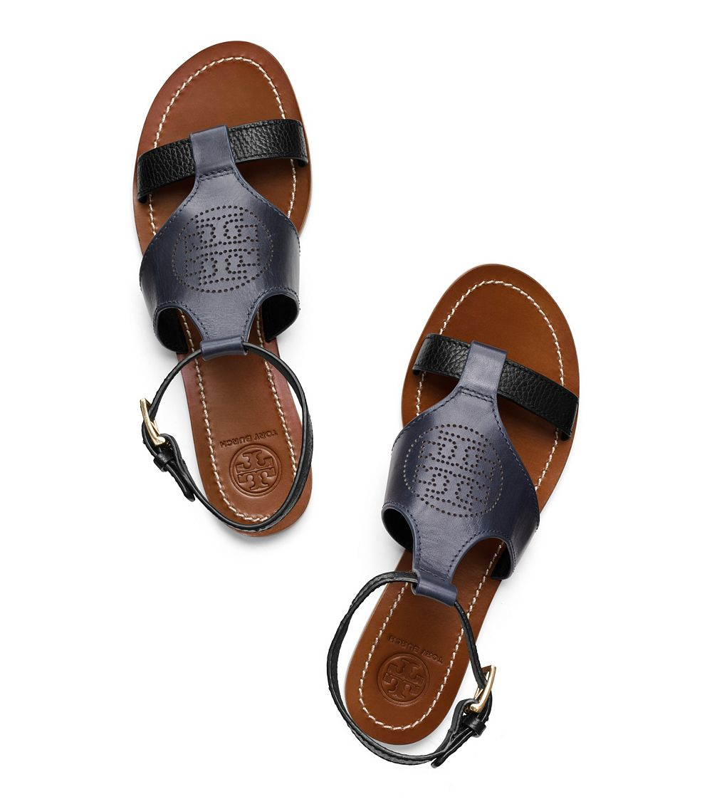Tory burch Perforated Logo Flat Sandal in Blue | Lyst