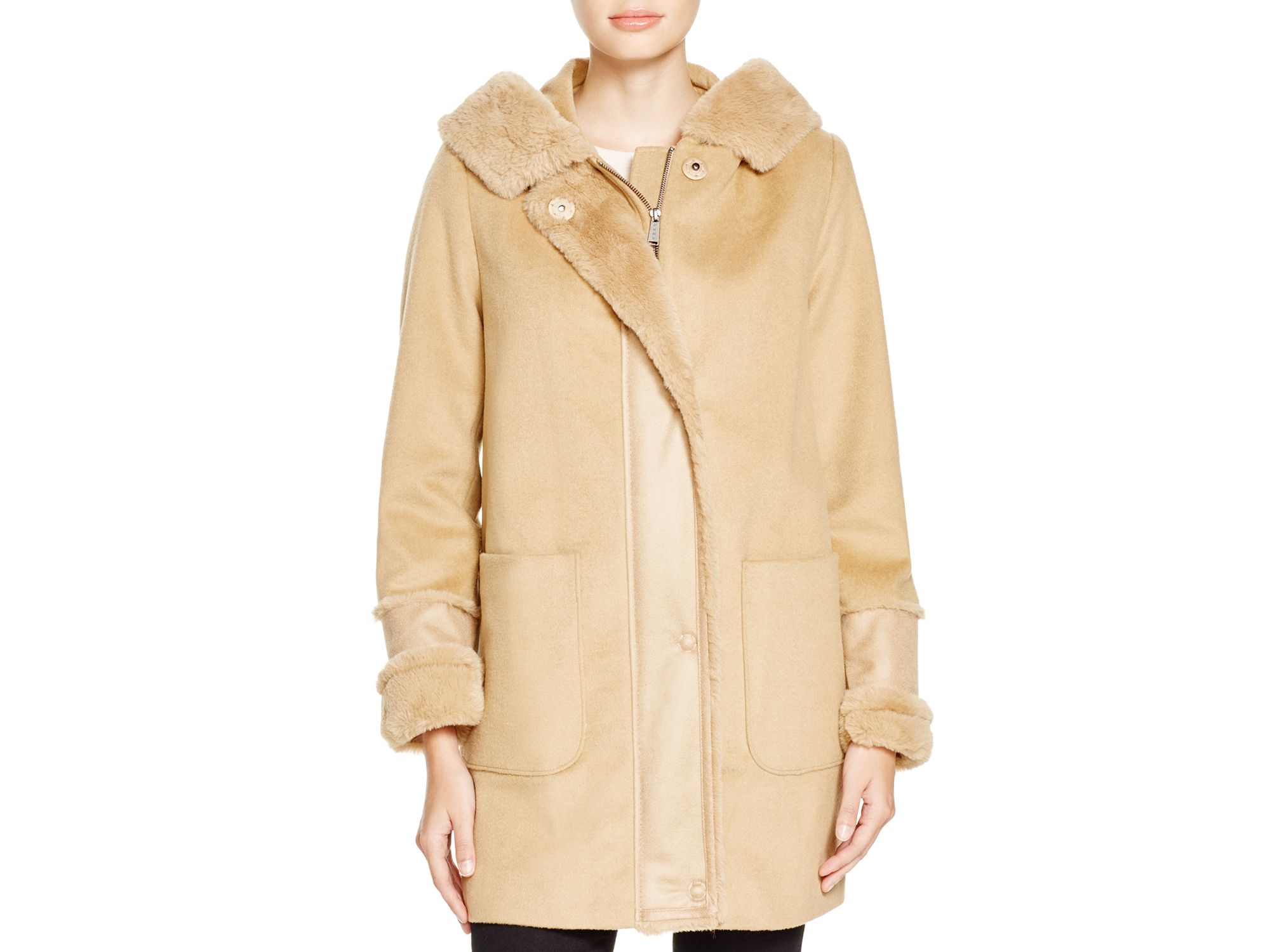 Lyst - DKNY Duffle Coat With Faux Shearling in Black