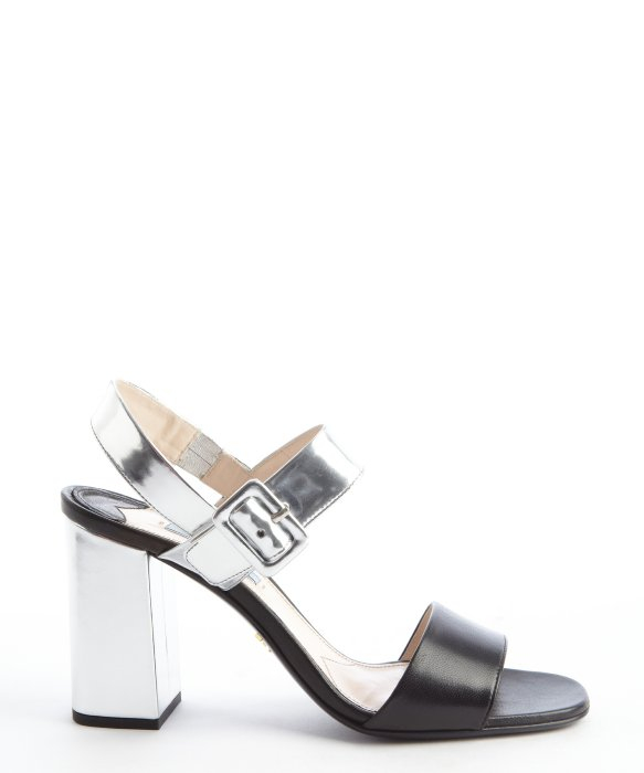 Prada Black and Silver Leather Block Heel Sandals in Metallic | Lyst